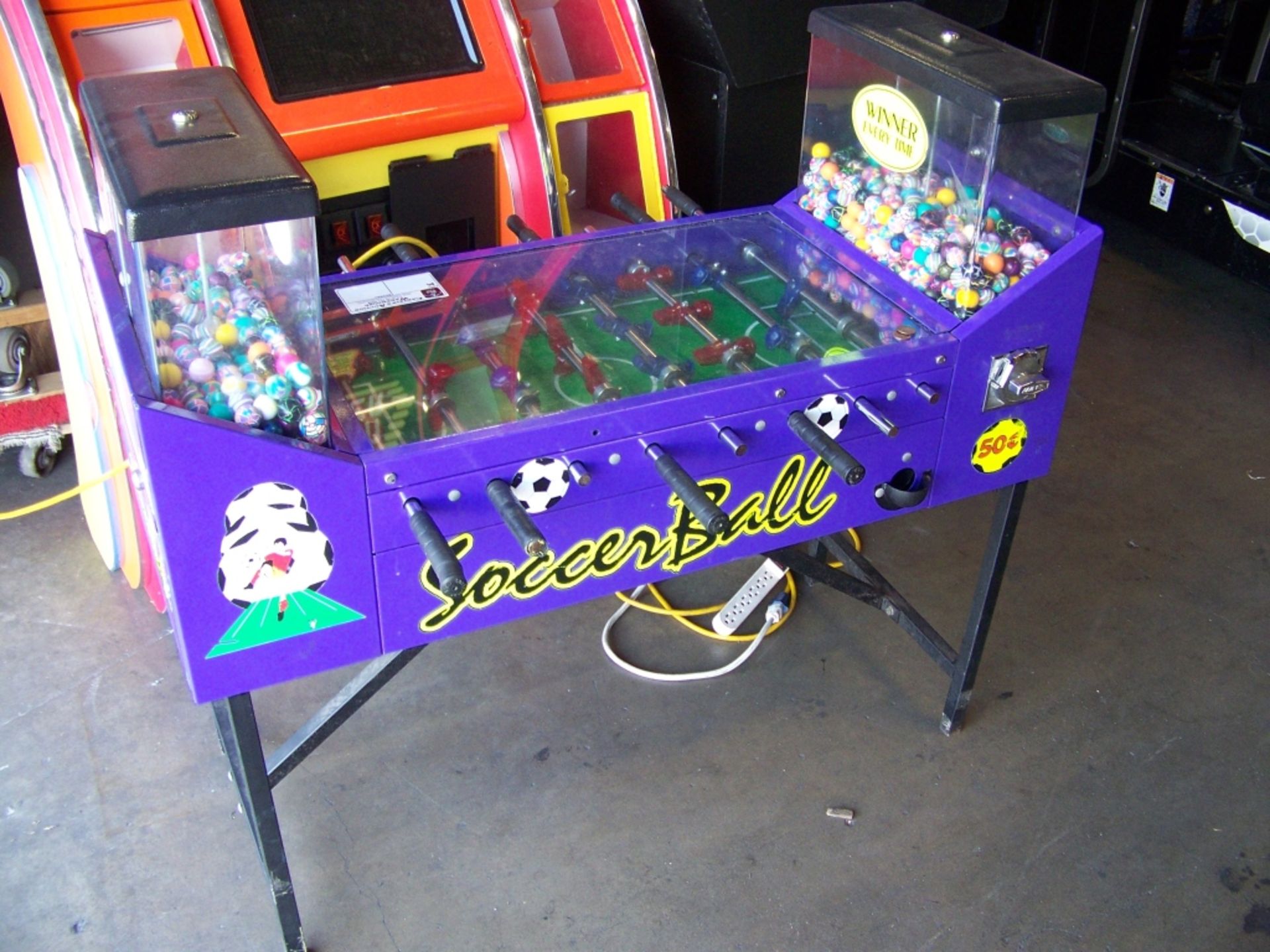 SOCCER BALL FOOSBALL BULK VENDING MACHINE OK MFG. Item is in used condition. Evidence of wear and - Image 2 of 2