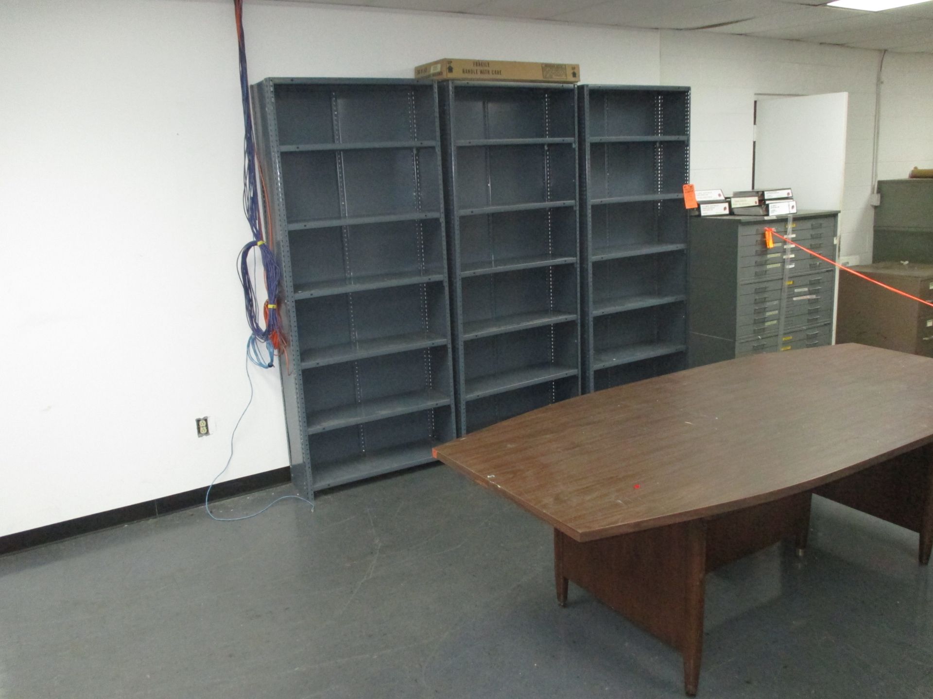 (3) SECTIONS OF PAN SHELVING & CONFERENCE TABLE