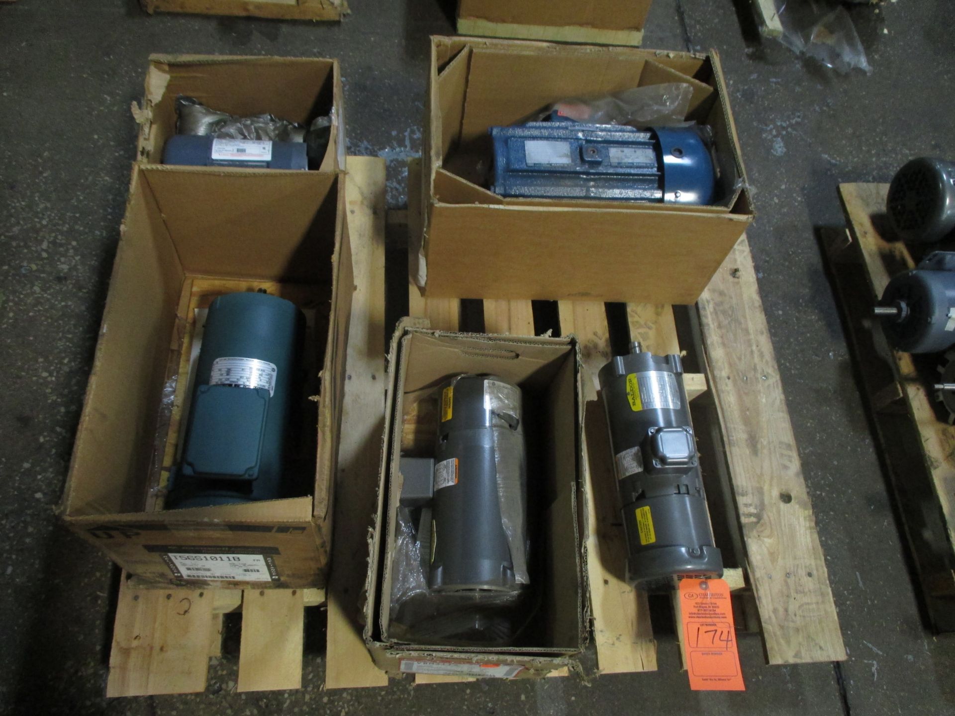 PALLETOF (5) VARIOUS ELECTRIC MOTORS INCLUDING (2) BALDOR MOTORS; CAT# VBM3546T;1HP;3PH (1) RELIANCE