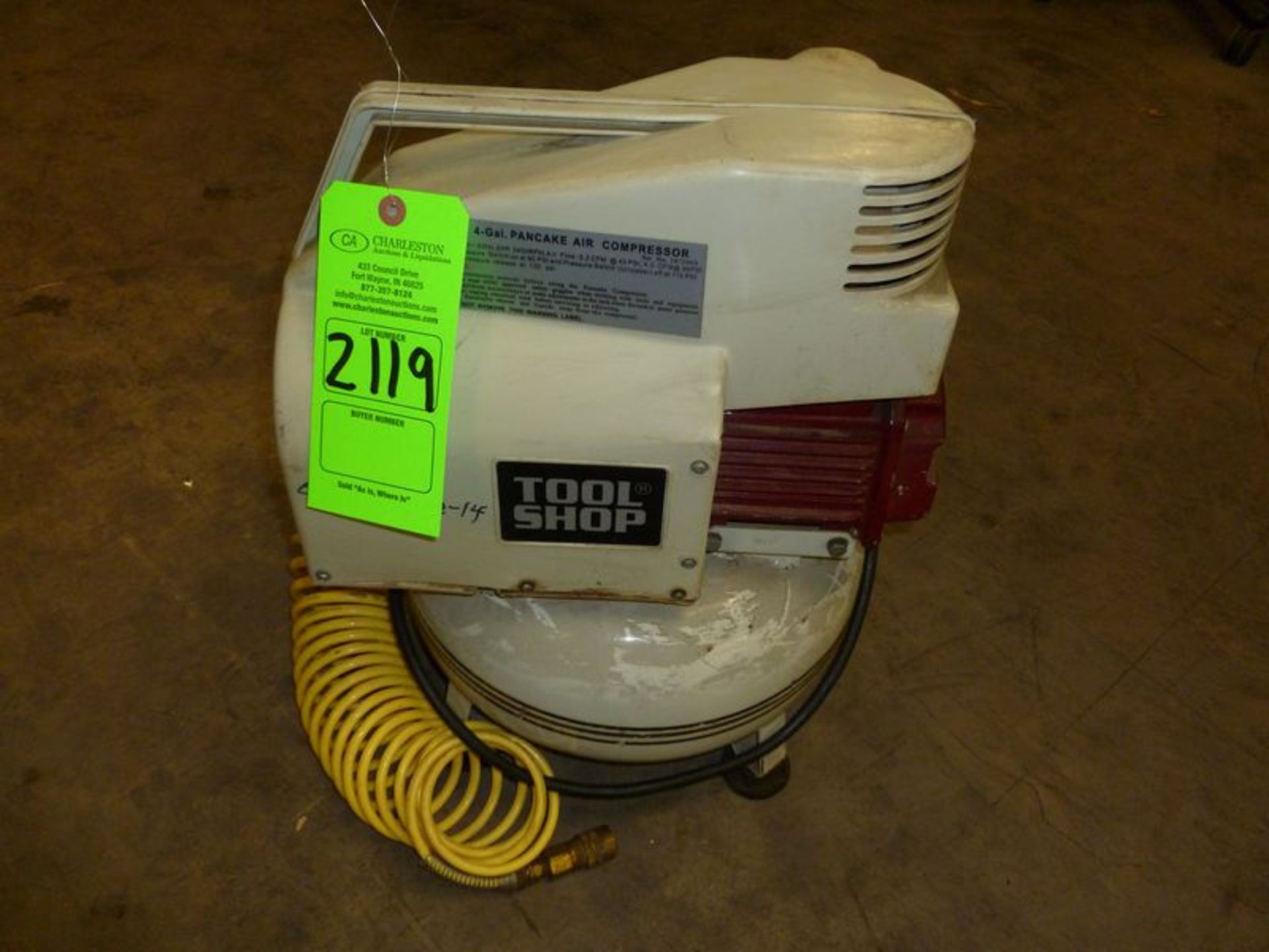 TOOL SHOP PANCAKE AIR COMPRESSOR 2 HP 4 GALLON (LOCATED AT 6901 ARDMORE AVE. FORT WAYNE, IN 46809)