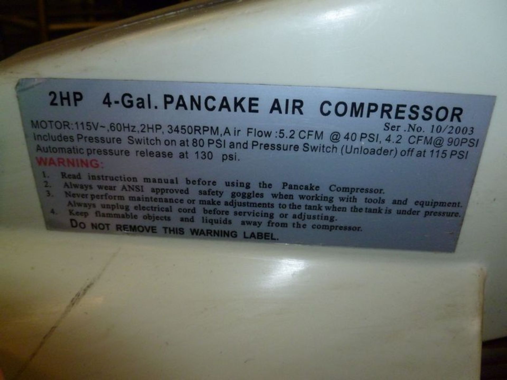 TOOL SHOP PANCAKE AIR COMPRESSOR 2 HP 4 GALLON (LOCATED AT 6901 ARDMORE AVE. FORT WAYNE, IN 46809) - Image 4 of 4