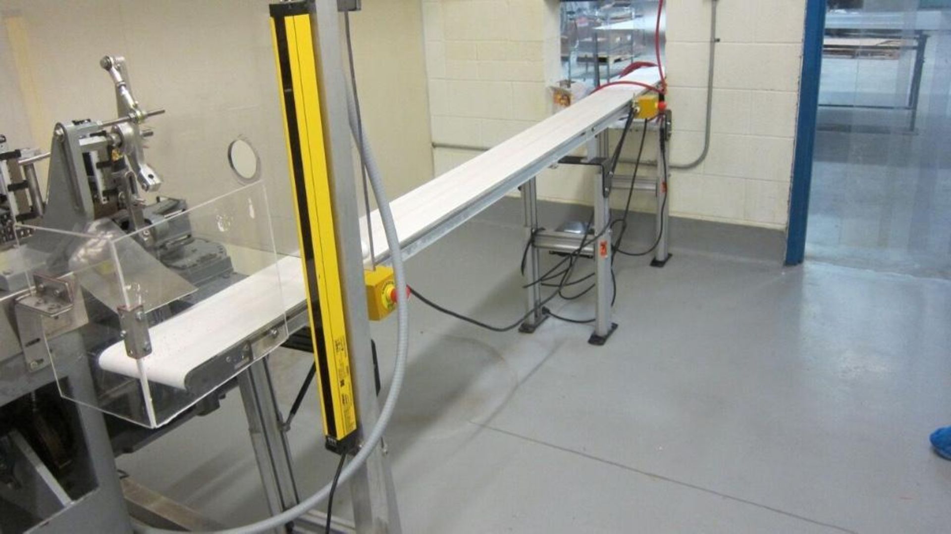 Aluminum conveyor with thin plastic belt.