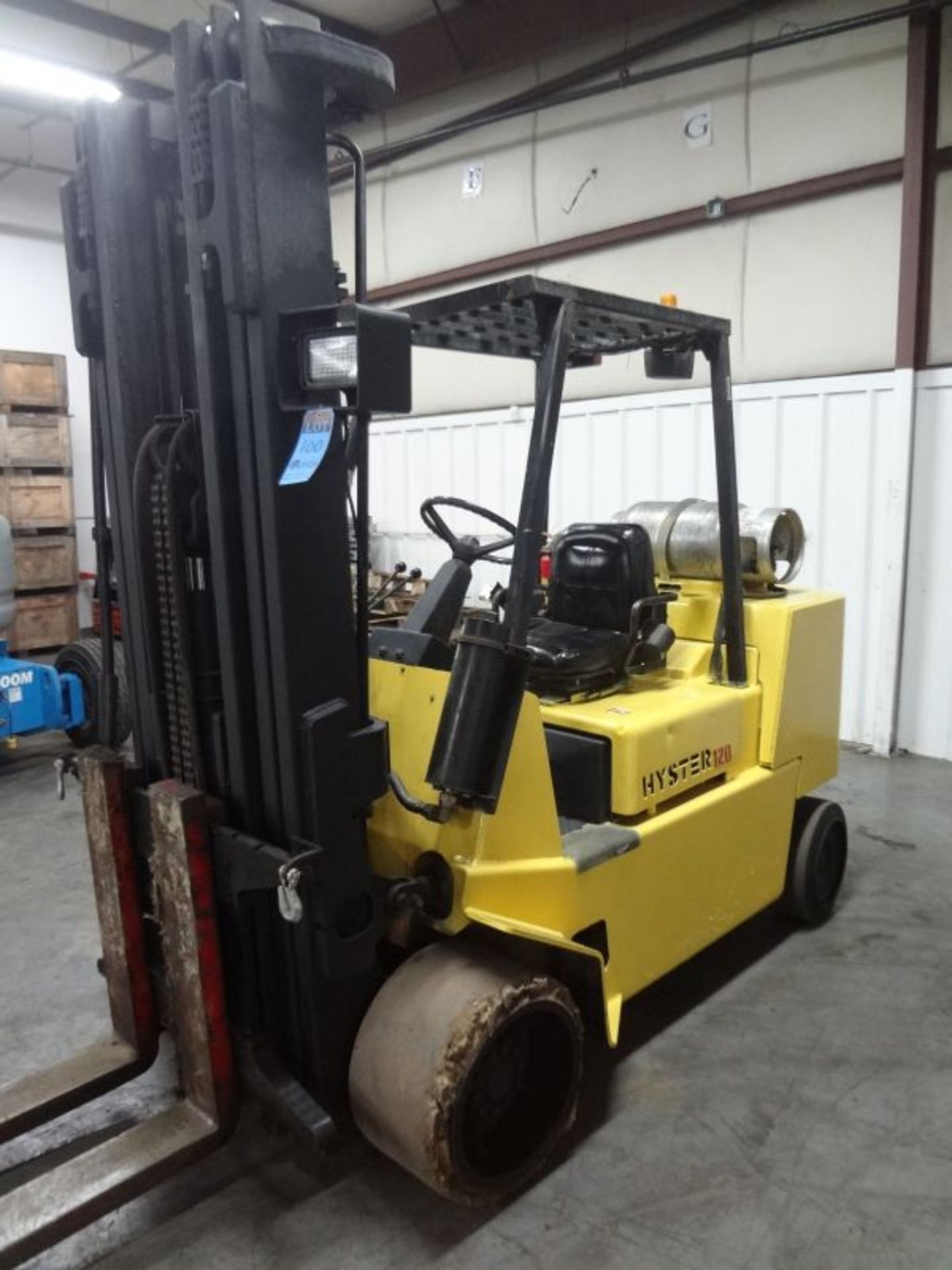 12,000 LB. HYSTER MODEL S120XLS CUSHION TIRE LP GAS LIFT TRUCK; S/N D004V09765S, 6,567 HOURS