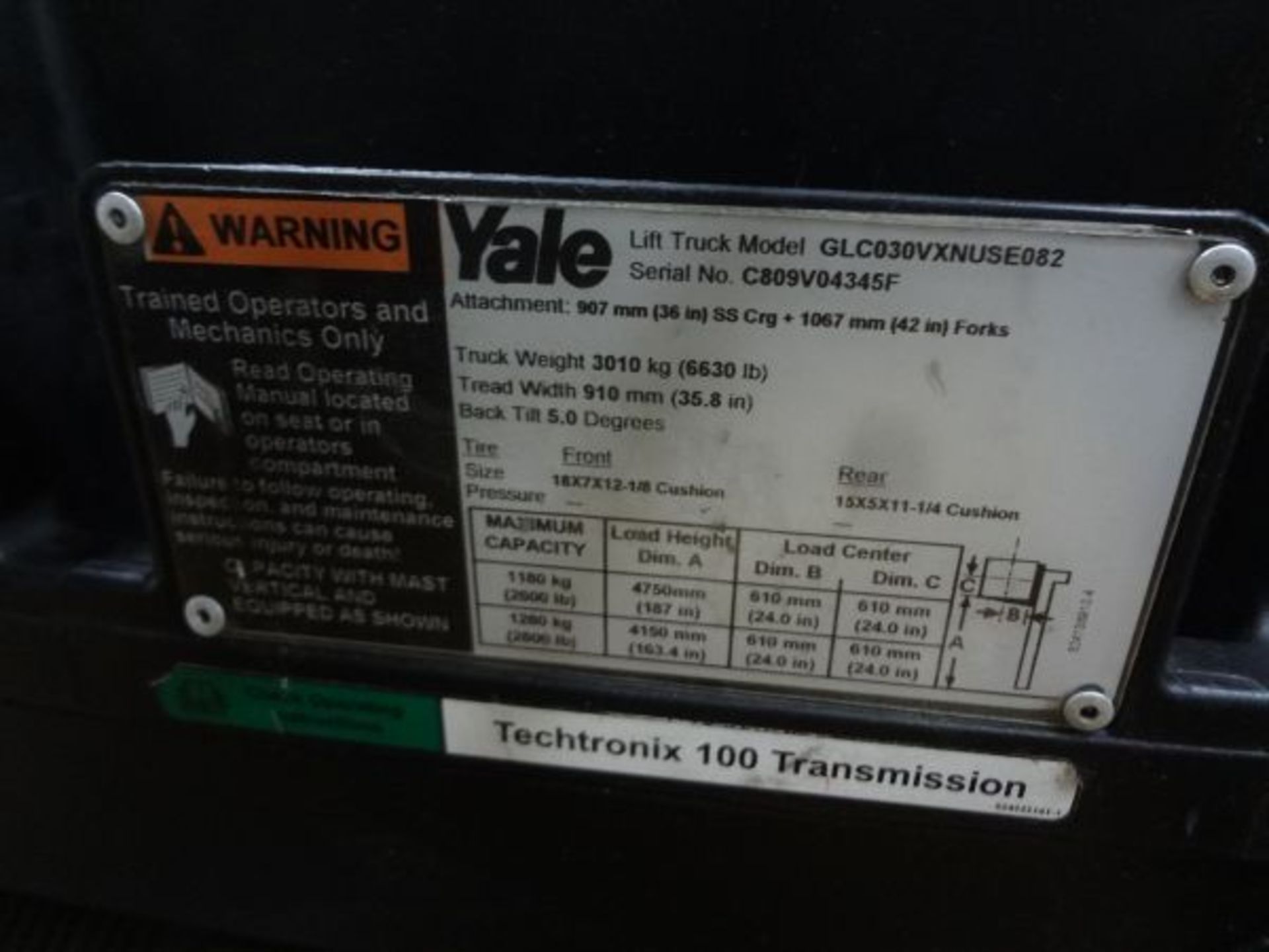 3,000 LB. YALE MODEL GLC030 CUSHION TIRE LP GAS LIFT TRUCK; S/N C809V04345F, 10,017 HOURS SHOWING, - Image 6 of 9