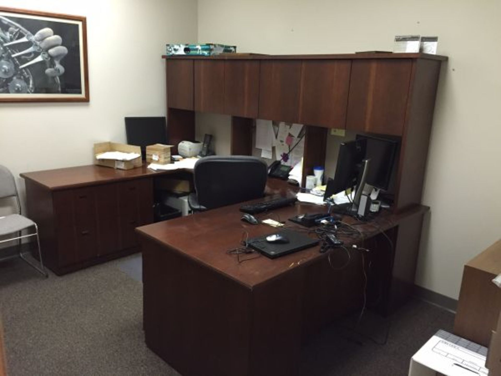 U-SHAPED WOOD DESK WITH OVERHEAD CABINETS