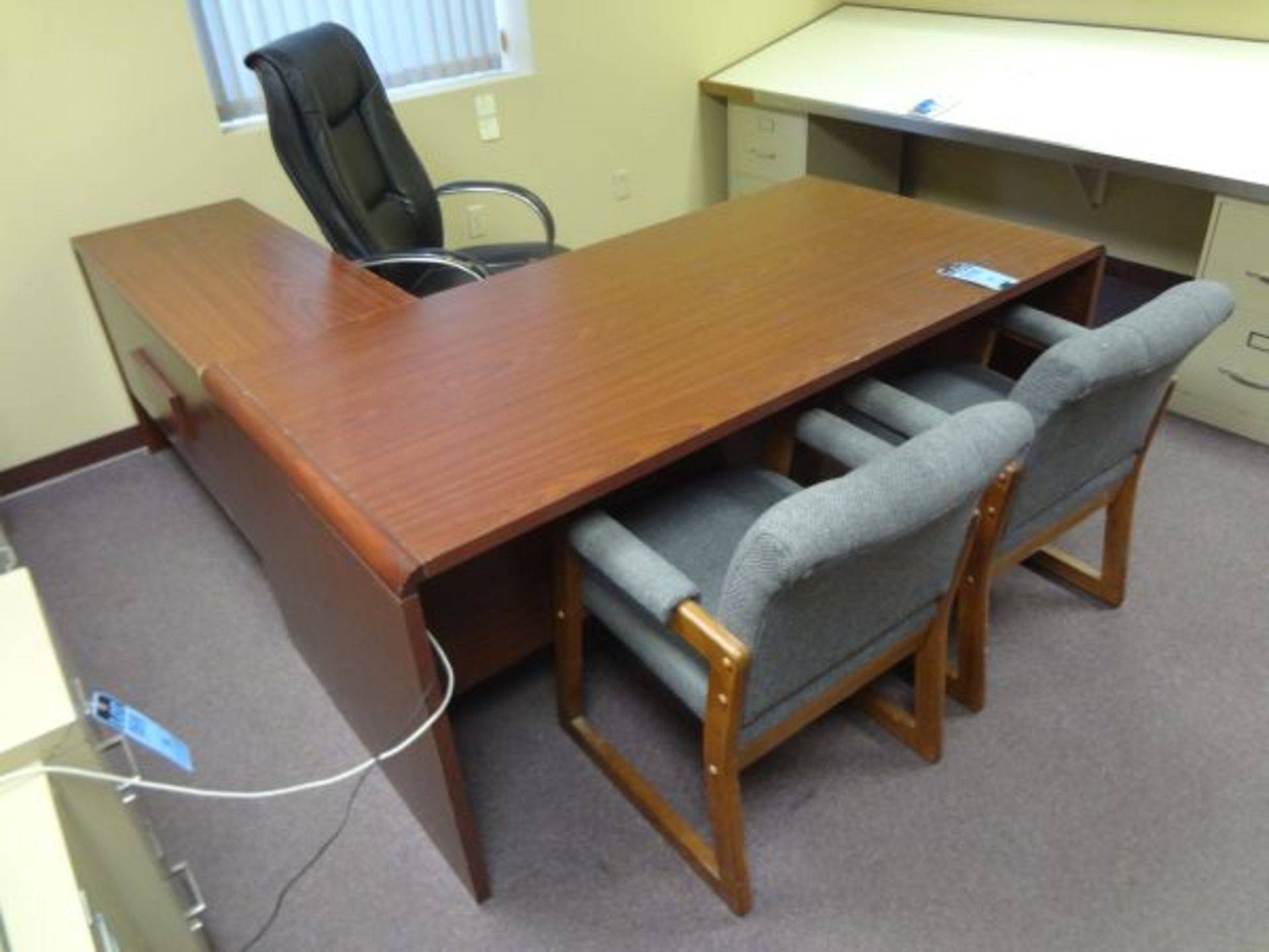 (LOT) DESK, BOOKSHELF, WOOD FILE CABINET & (5) CHAIRS (NO FURNITURE ATTACHED TO BUILDING)