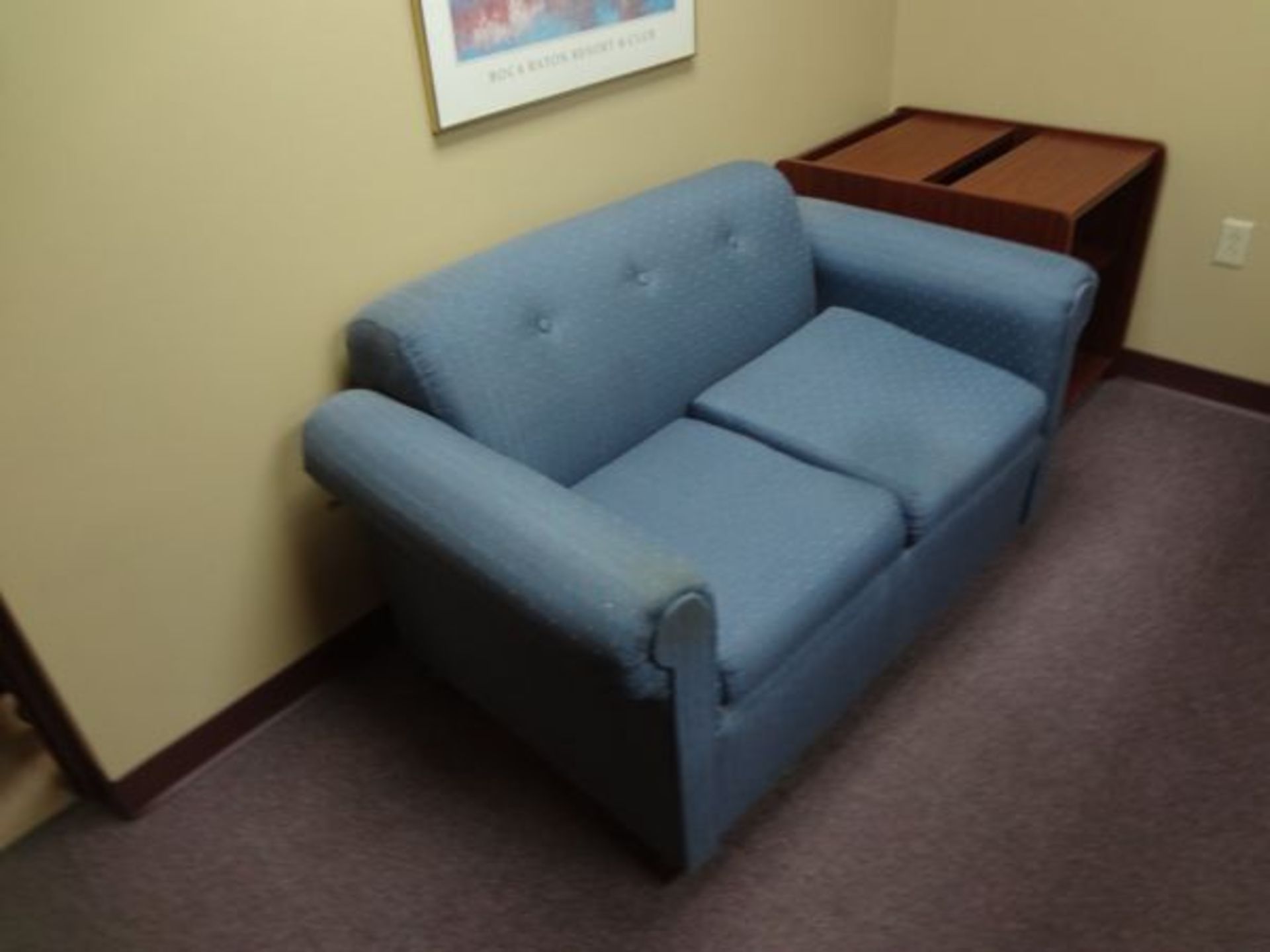 (LOT) DESK, (3) CHAIRS, LOVESEAT, BOOKCASE & TABLE (NO FURNITURE ATTACHED TO BUILDING) - Image 2 of 2