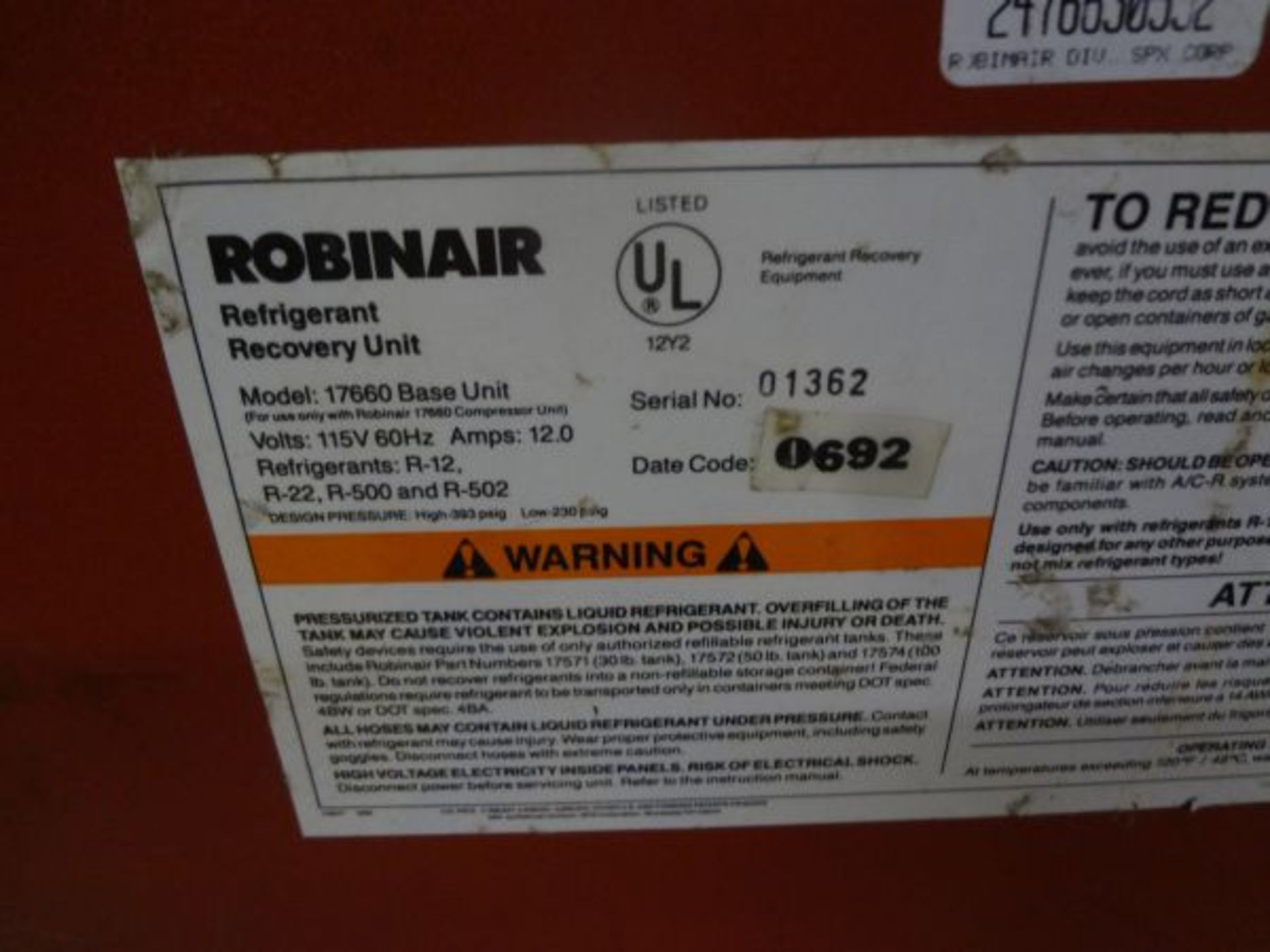 ROBINAIR MODEL 17660 REFRIGERANT RECOVERY SYSTEM - Image 3 of 3