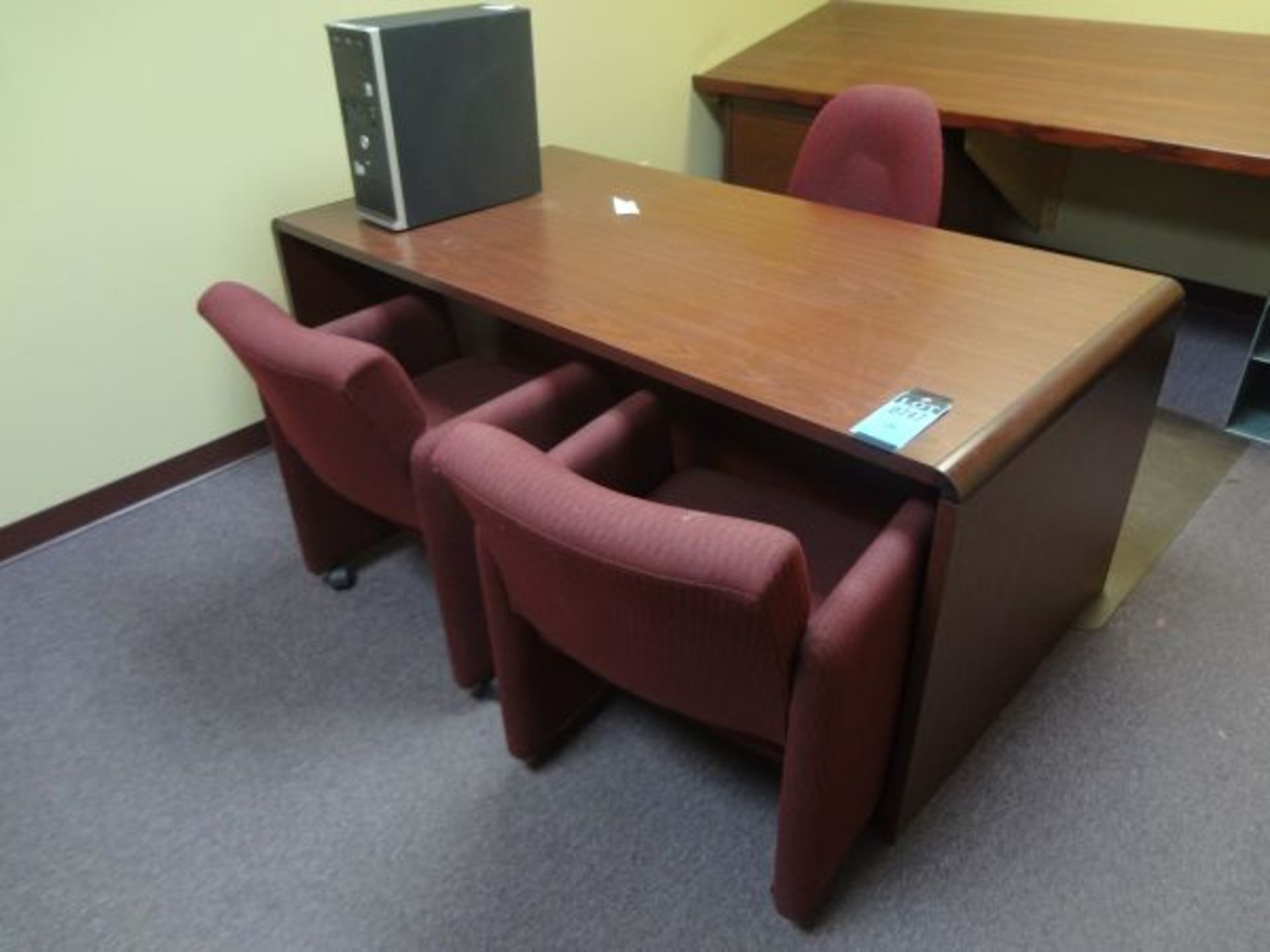 (LOT) DESK, (3) CHAIRS, (2) BOOKSHELVES & FILE CABINET (NO FURNITURE ATTACHED TO BUILDING)