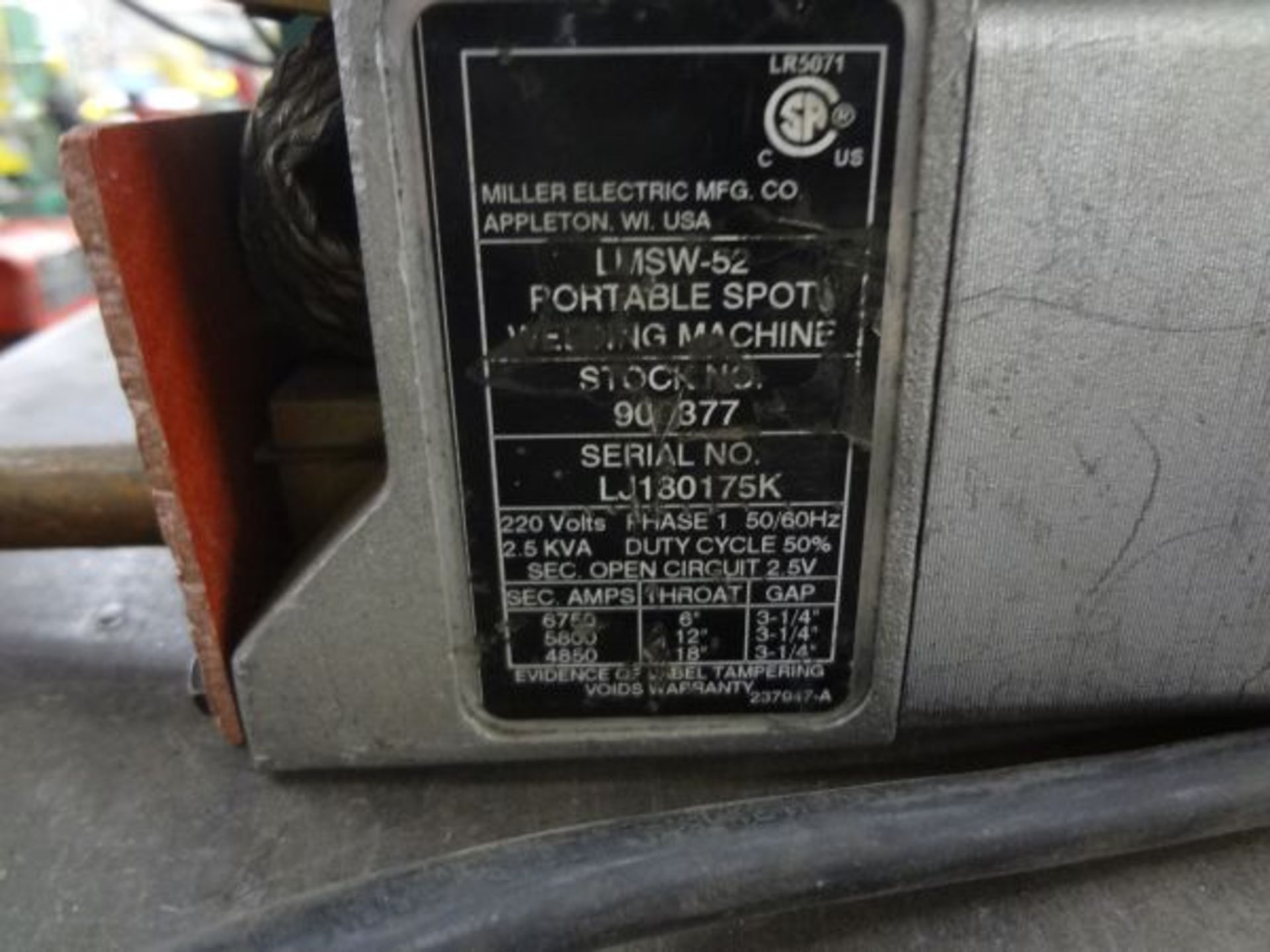 2.5 KVA MILLER LMSW-52 PORTABLE SPOT WELDER; S/N LU130175K - Image 2 of 3