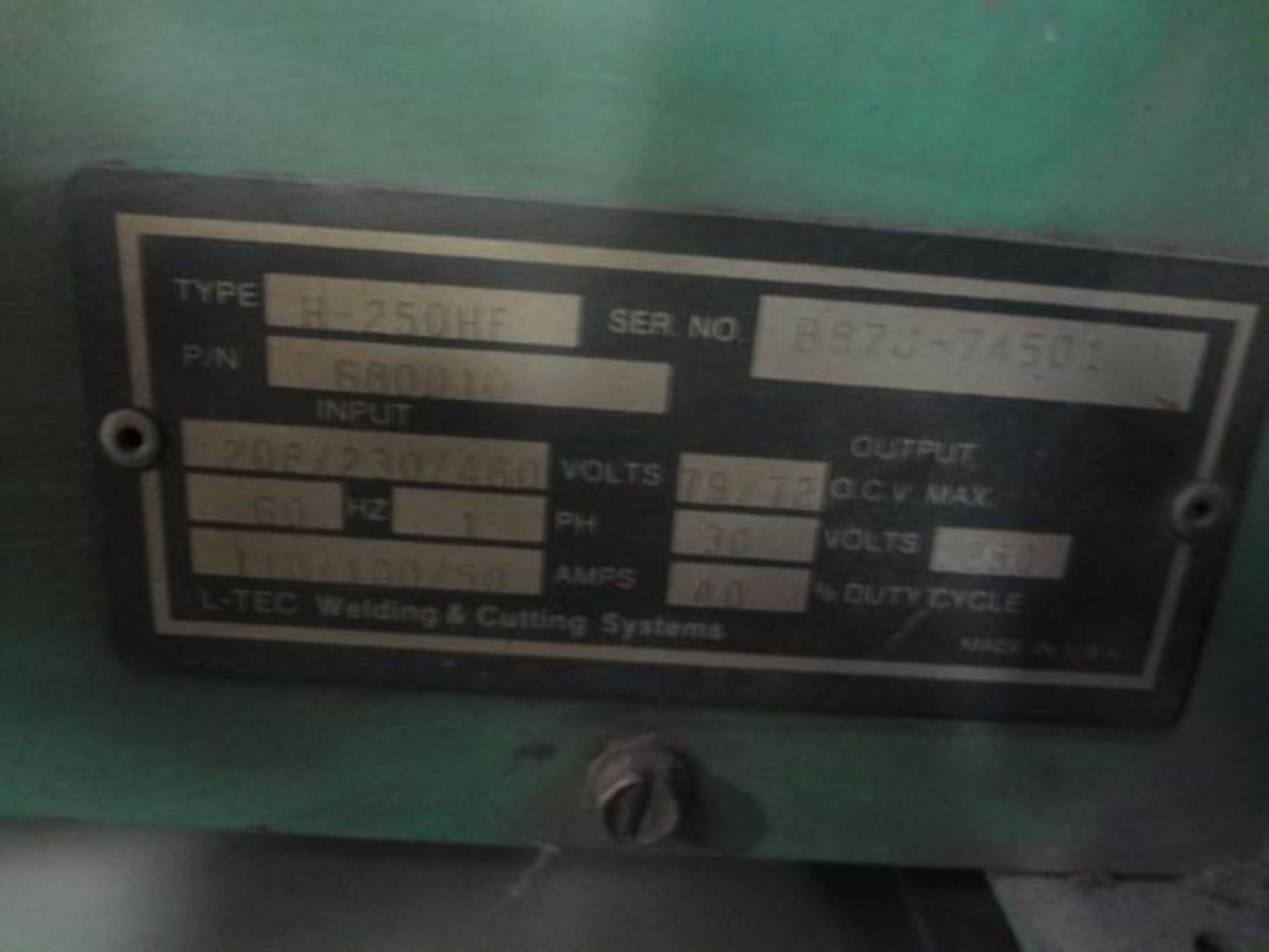 250 AMP L-TEC 250HF TIG WELDER; S/N B87J-74501 - Image 3 of 3