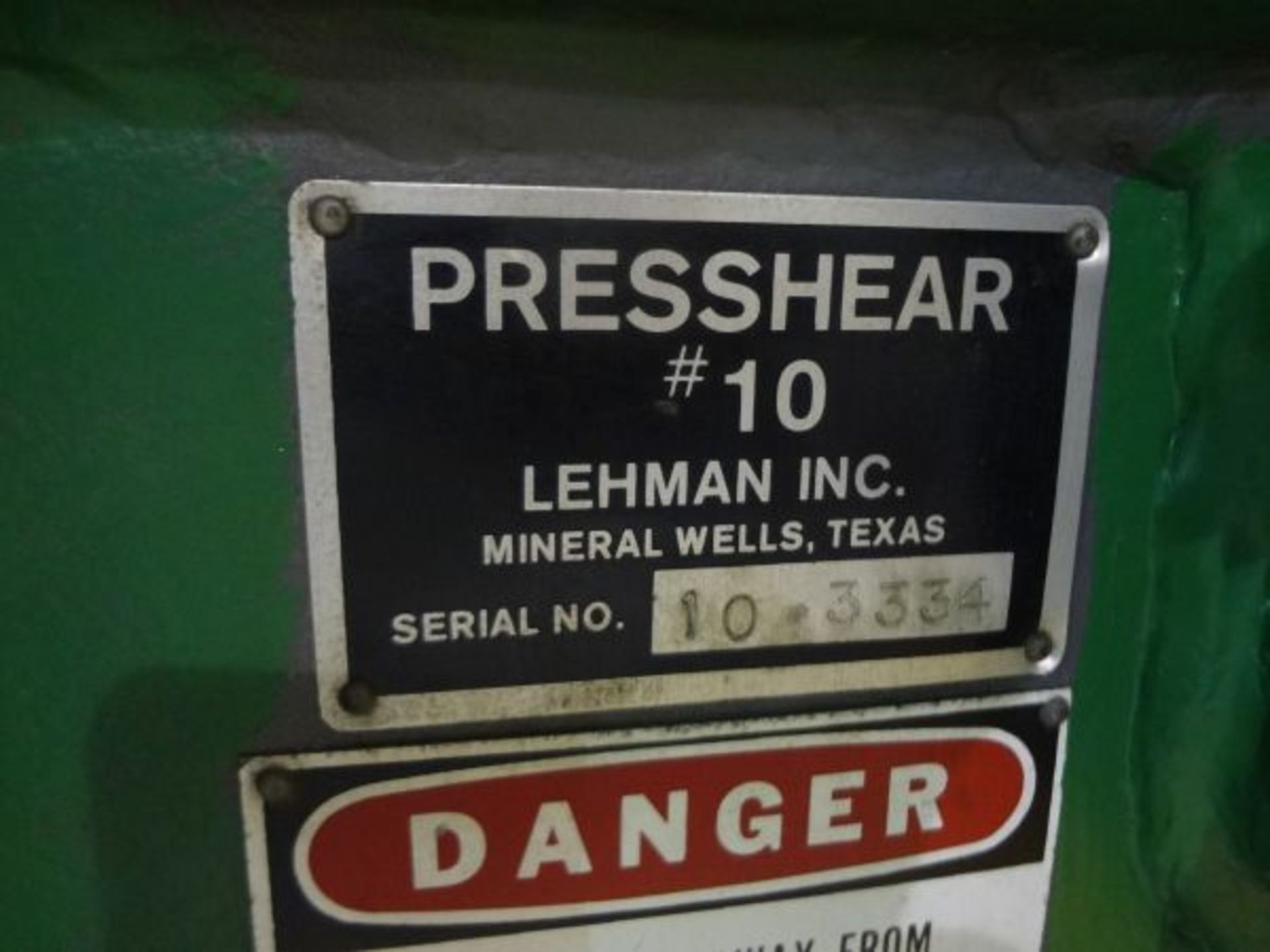 LEHMAN MODEL #10 PRESS SHEAR; S/N 103334 - Image 2 of 7