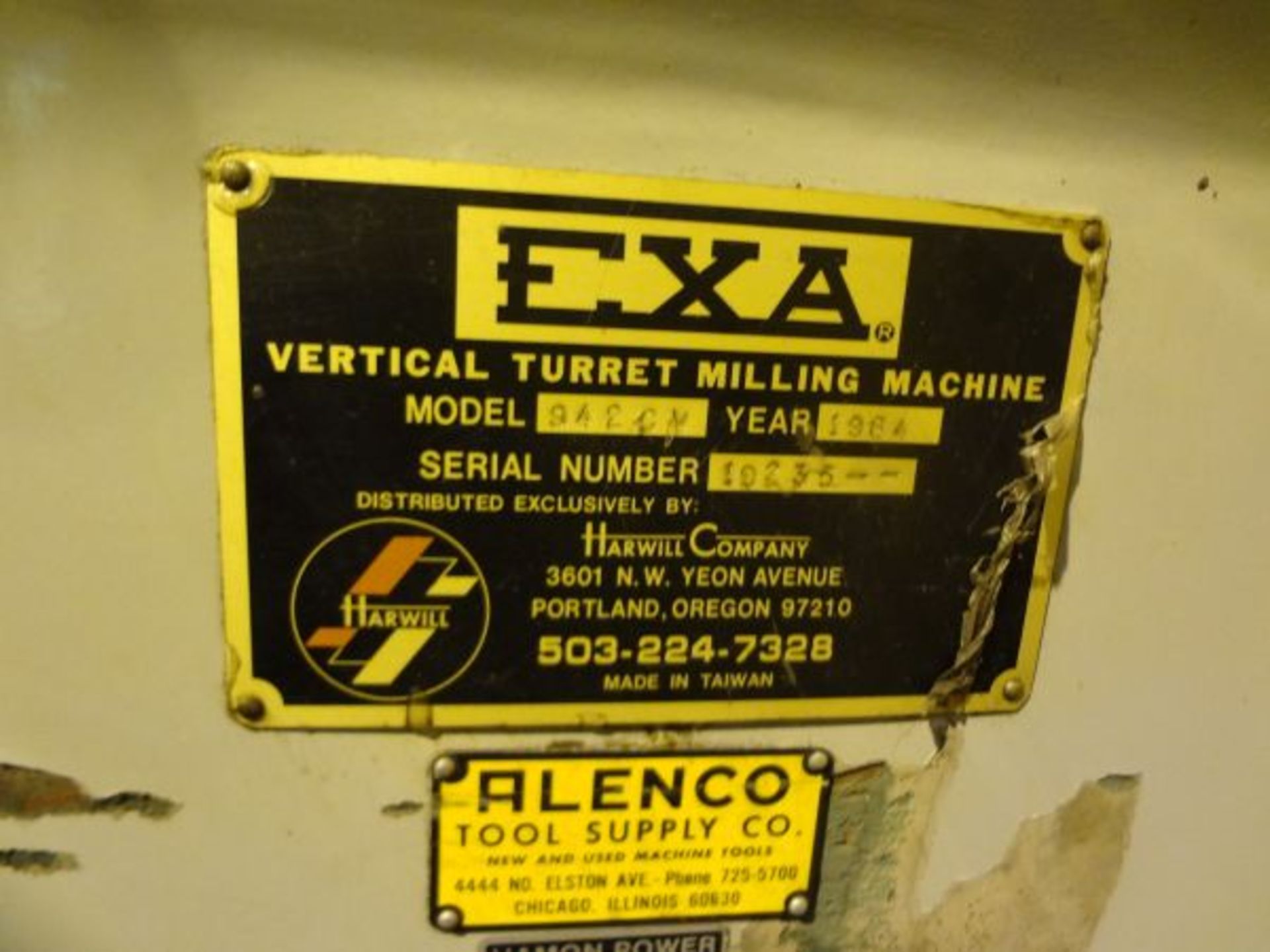 3 HP EXA VERTICAL MILLING MACHINE; S/N 19235 - Image 3 of 4