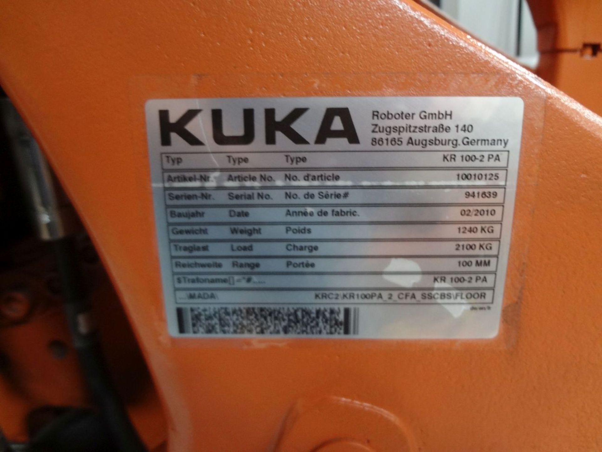 KUKA MODEL KR100-2PA 6-AXIS ROBOT; S/N 941639, KRC2 ROBOTIC CONTROLS; S/N N/A, WITH PENDANT (NEW - Image 2 of 6