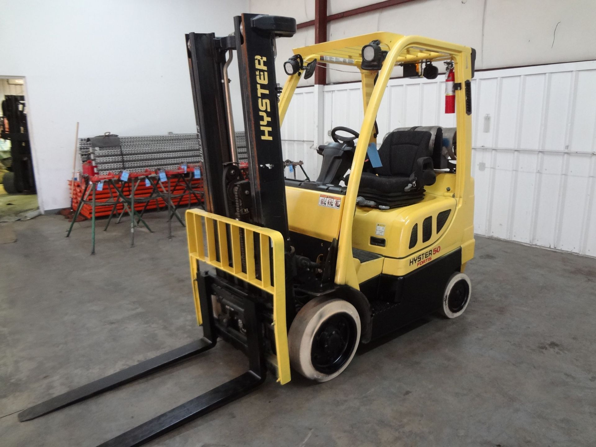 5,000 LB. HYSTER MODEL S50FT SOLID TIRE LP GAS LIFT TRUCK; S/N F187V17754J, 2-STAGE MAST, 84" MAST