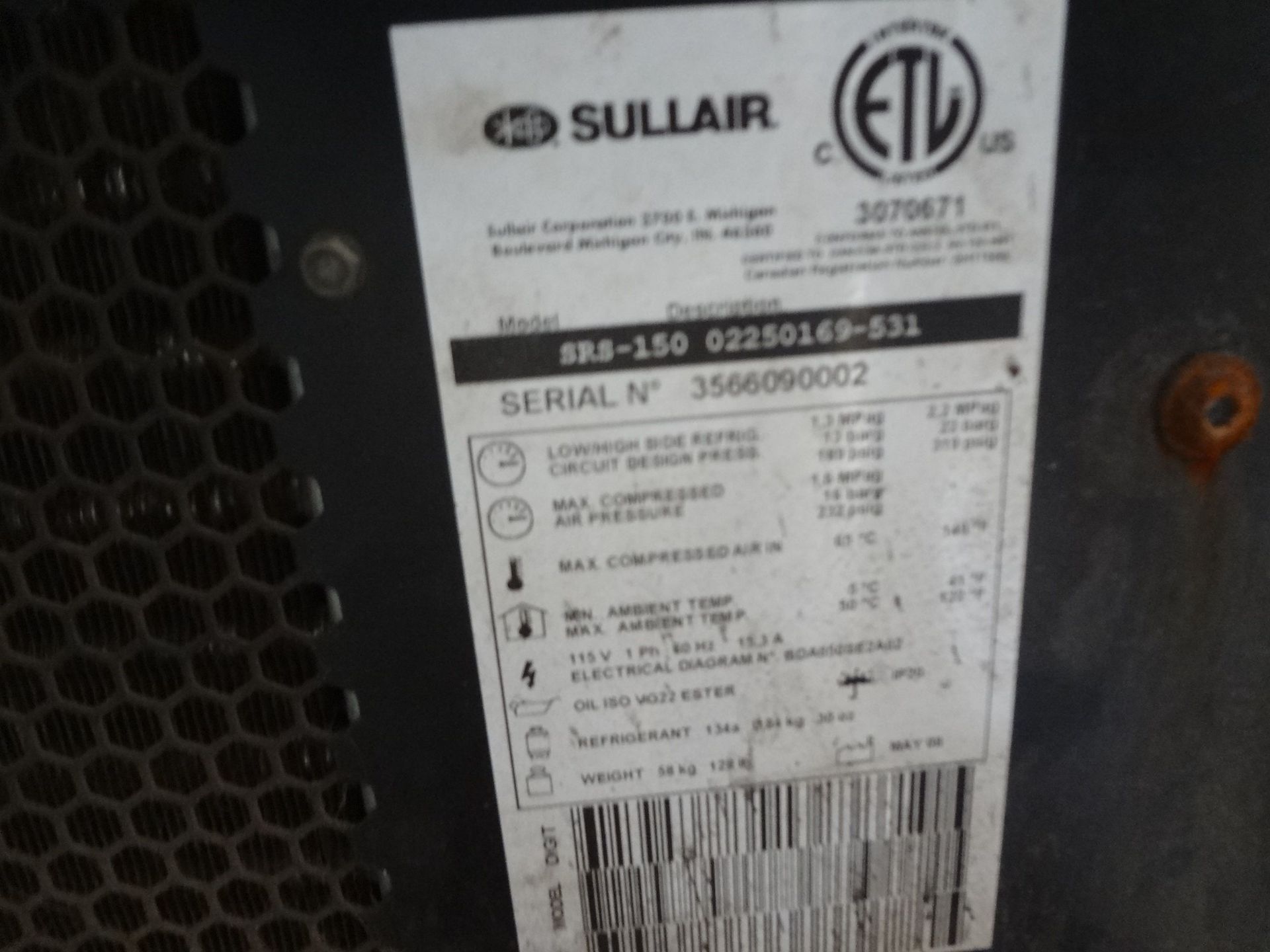 SULLAIR MODEL SRS-150 REFRIGERATED AIR DRYER; S/N 3566090002 - Image 2 of 2