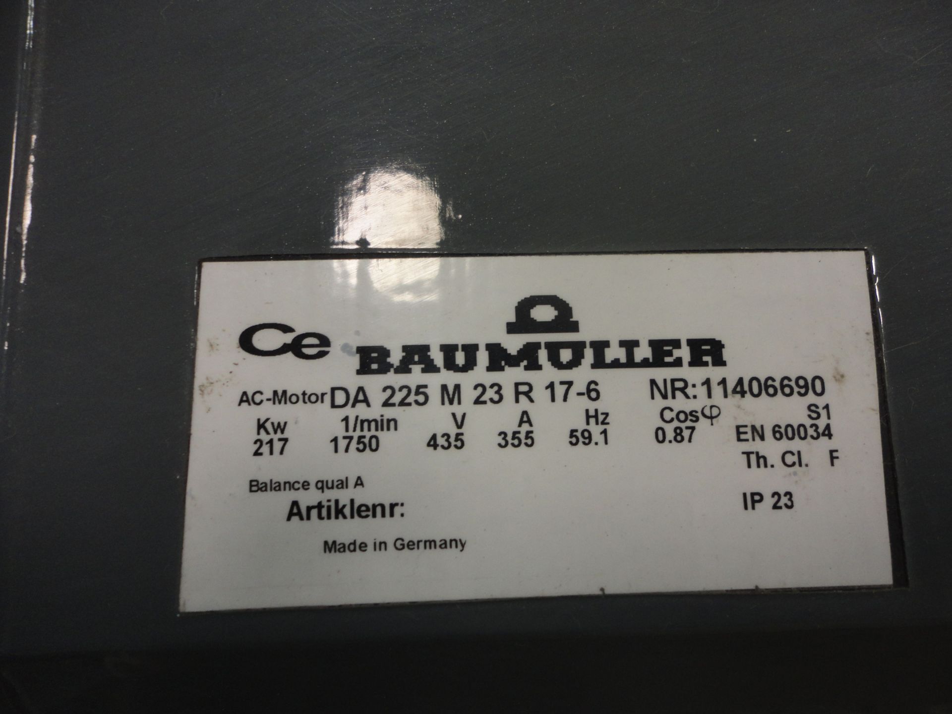 291 HP / 217 KW BAUMULLER MODEL DA225-M23-R-17-6 AC ELECTRIC MOTOR; S/N 11406690, 1,750 RPM, 59.1 - Image 5 of 6