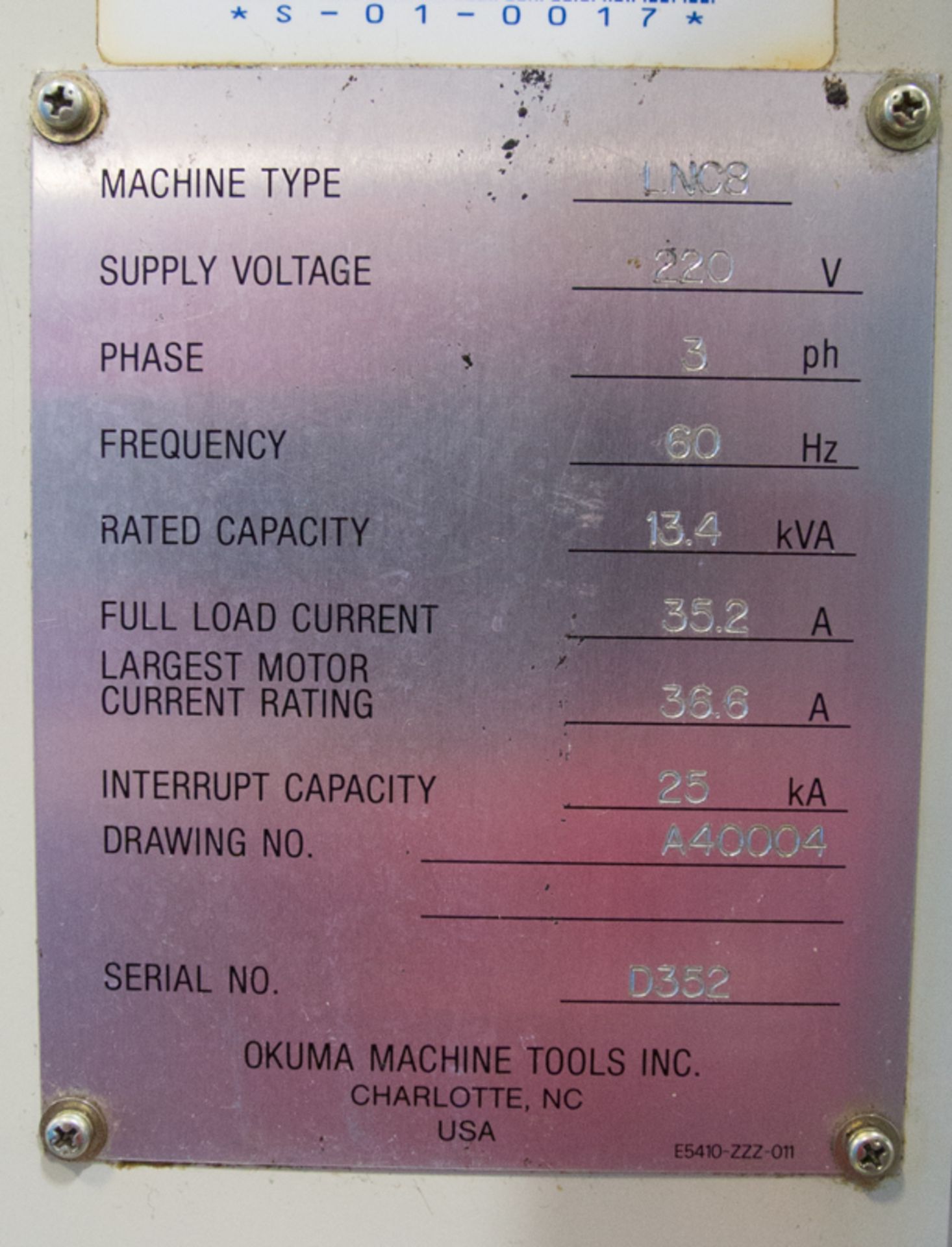 OKUMA LCNC8 CNC LATHE, 10" 3-JAW CHUCK, OSP5020L CONTROL, S/N: D352, JVC 15 KVA 600-200/115 VOLT - Image 7 of 11