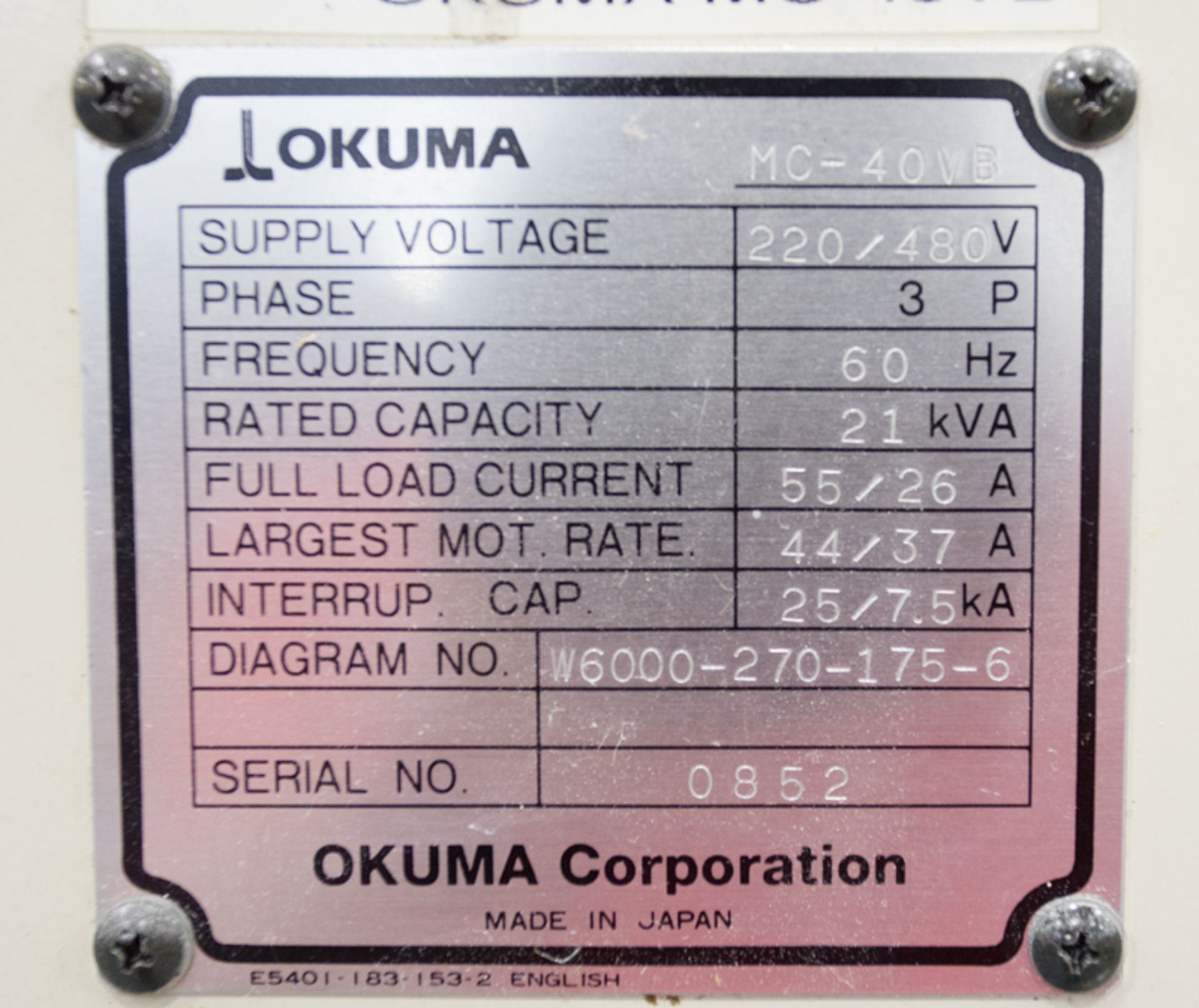OKUMA CNC VERTICAL MACHINING CENTER MOD. MC-40VB, 5000 RPM, 50 TAPER, 18" X 39" TABLE, 20 ATC, - Image 7 of 11