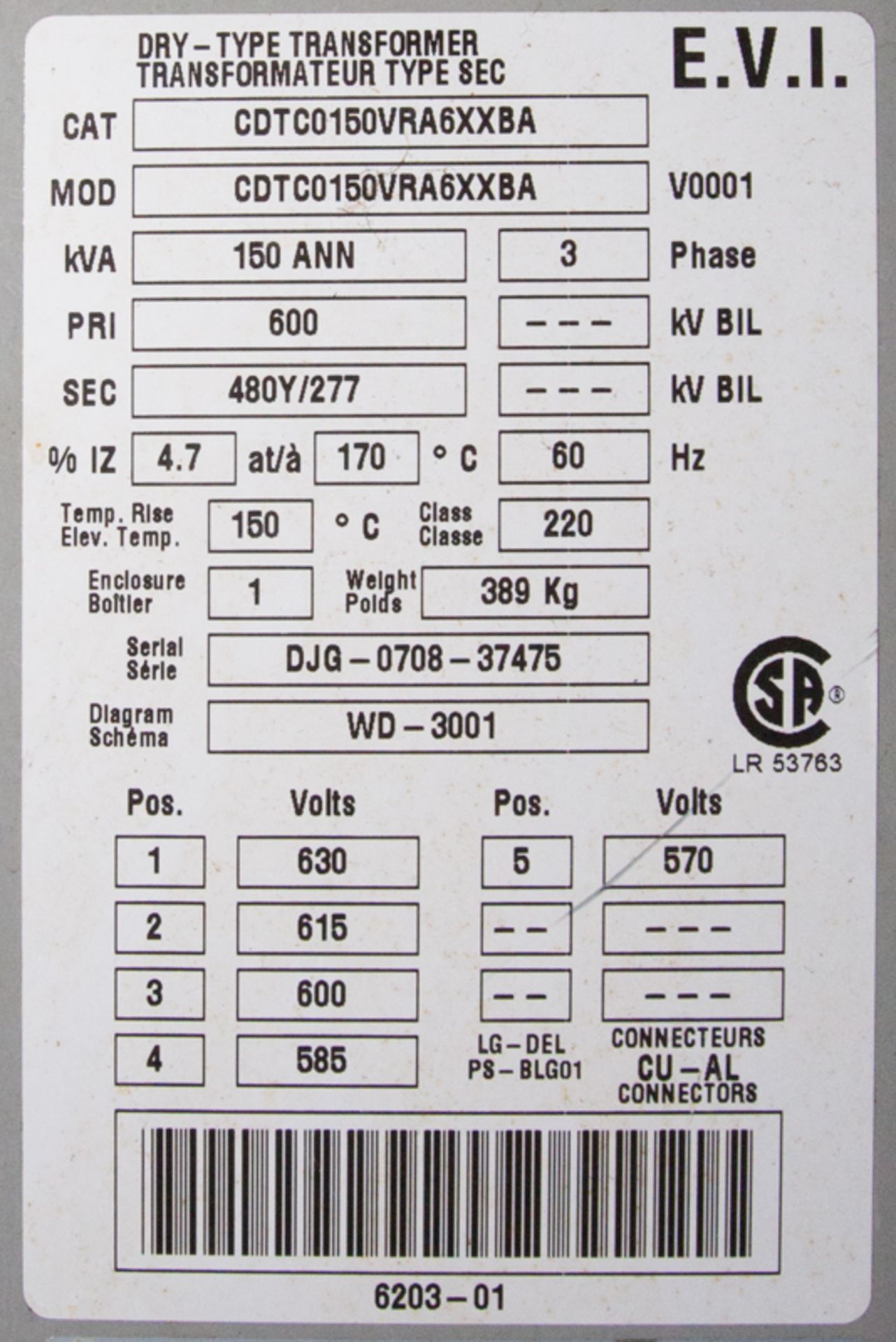 DELTA 150 KVA TRANSFORMER, 600V-480/277V (#8) - Image 2 of 2