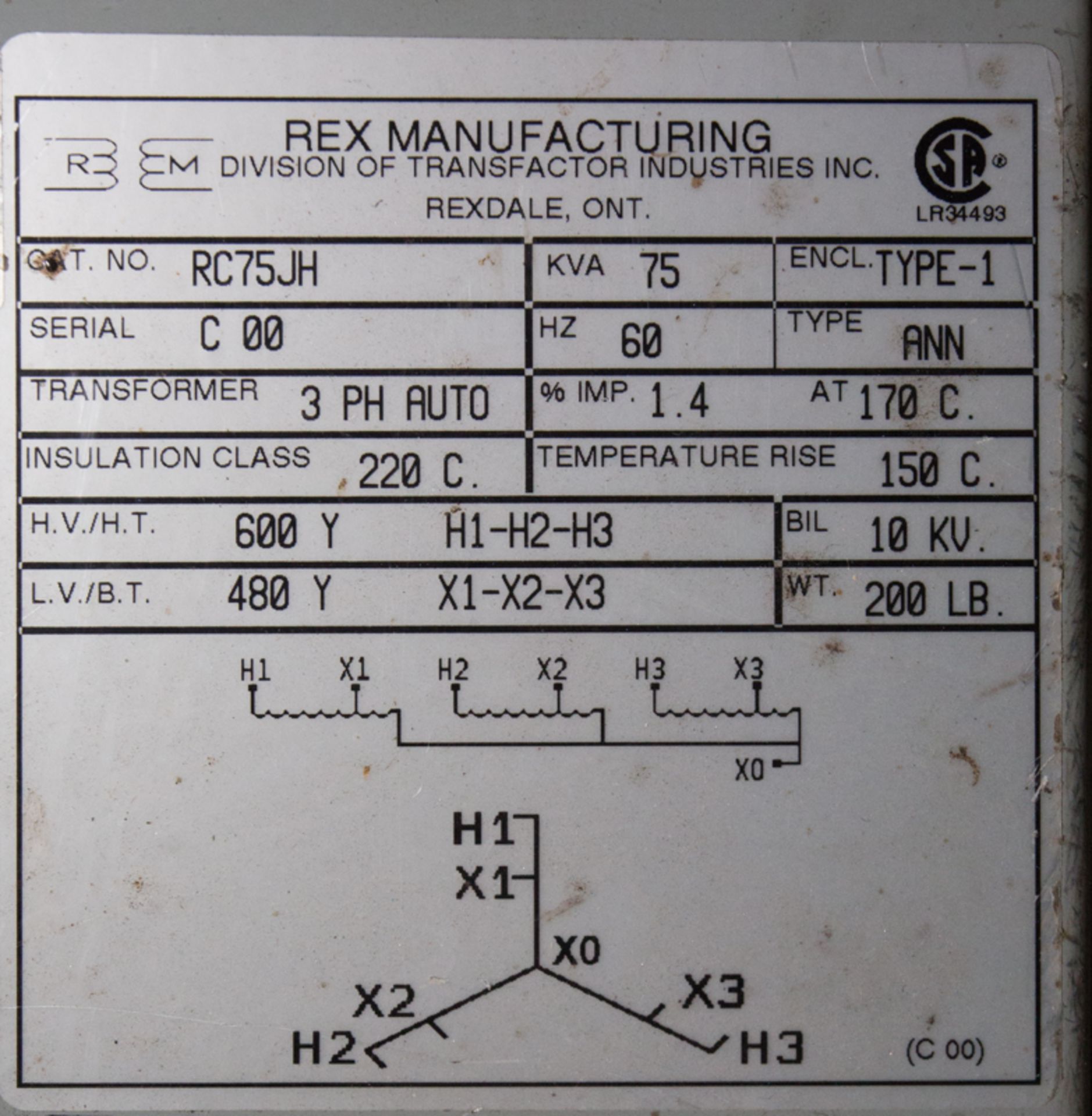 REX 75 KVA TRANSFORMER 600V-480V (#1) - Image 2 of 2