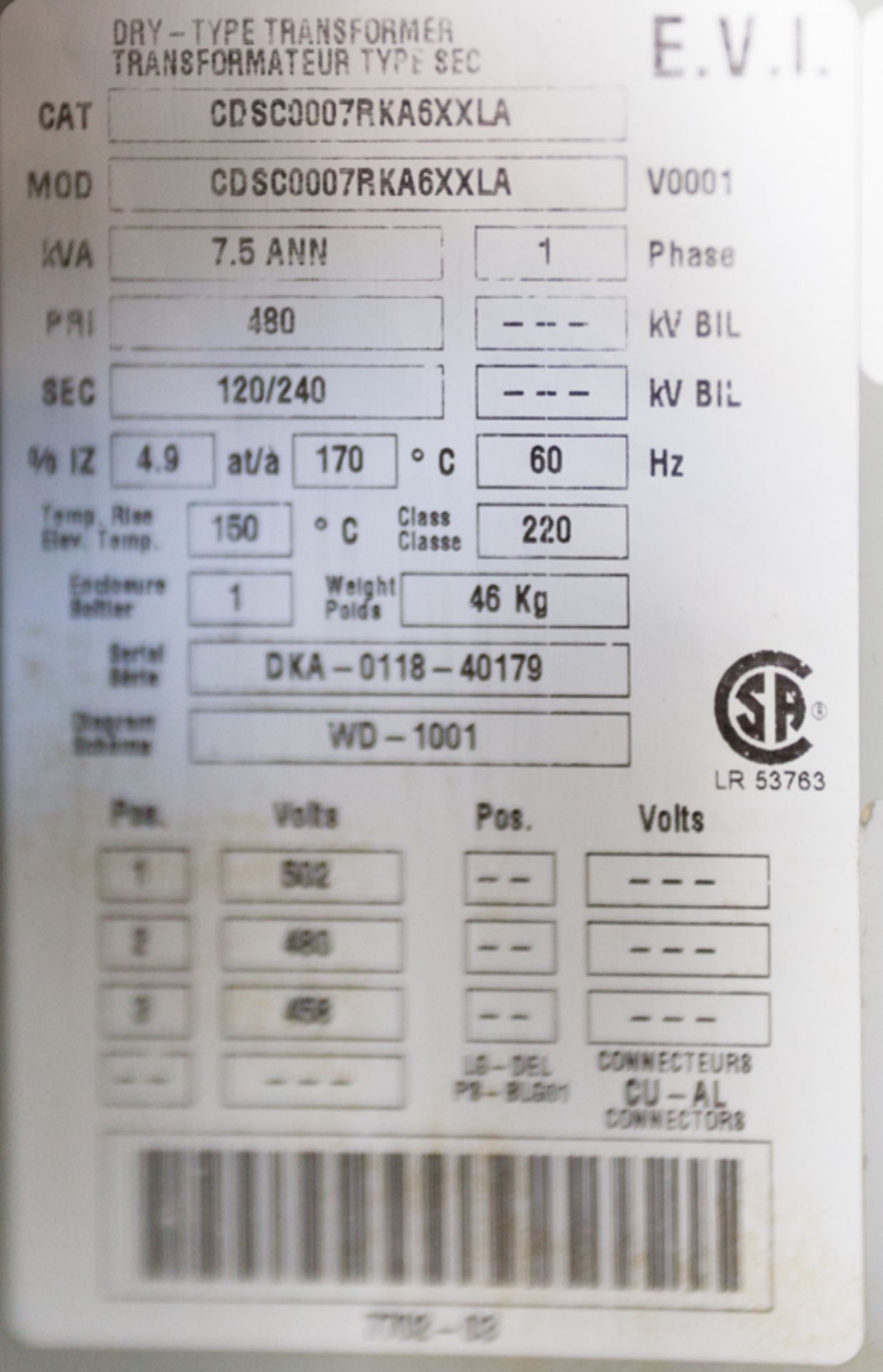 EVI 7.5 KVA TRANSFORMER 480V-120/240V (#4) - Image 2 of 2