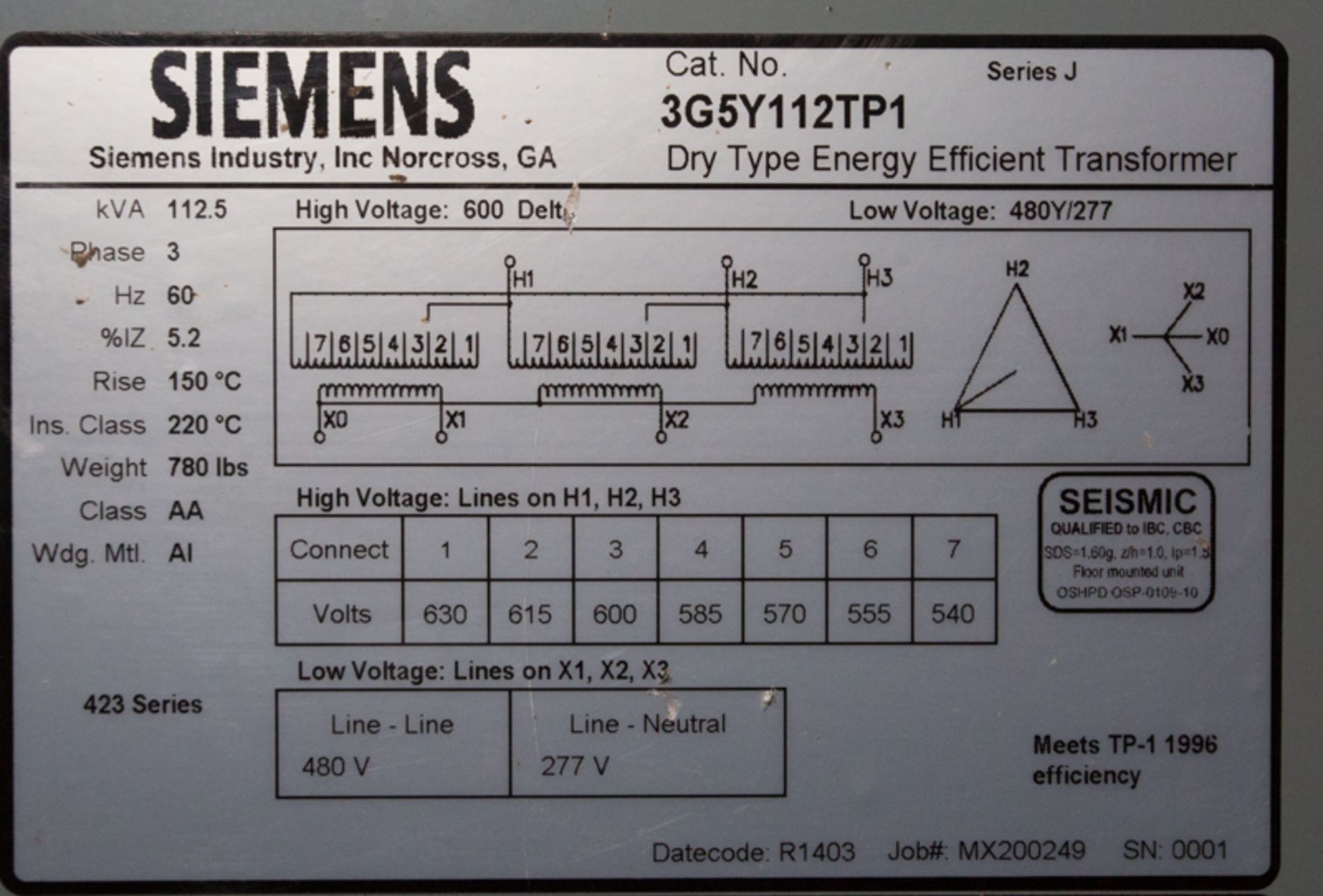 SEIMENS 112.5 KVA TRANSFORMER, 630/540 - 480V, 277-480V - Image 2 of 2