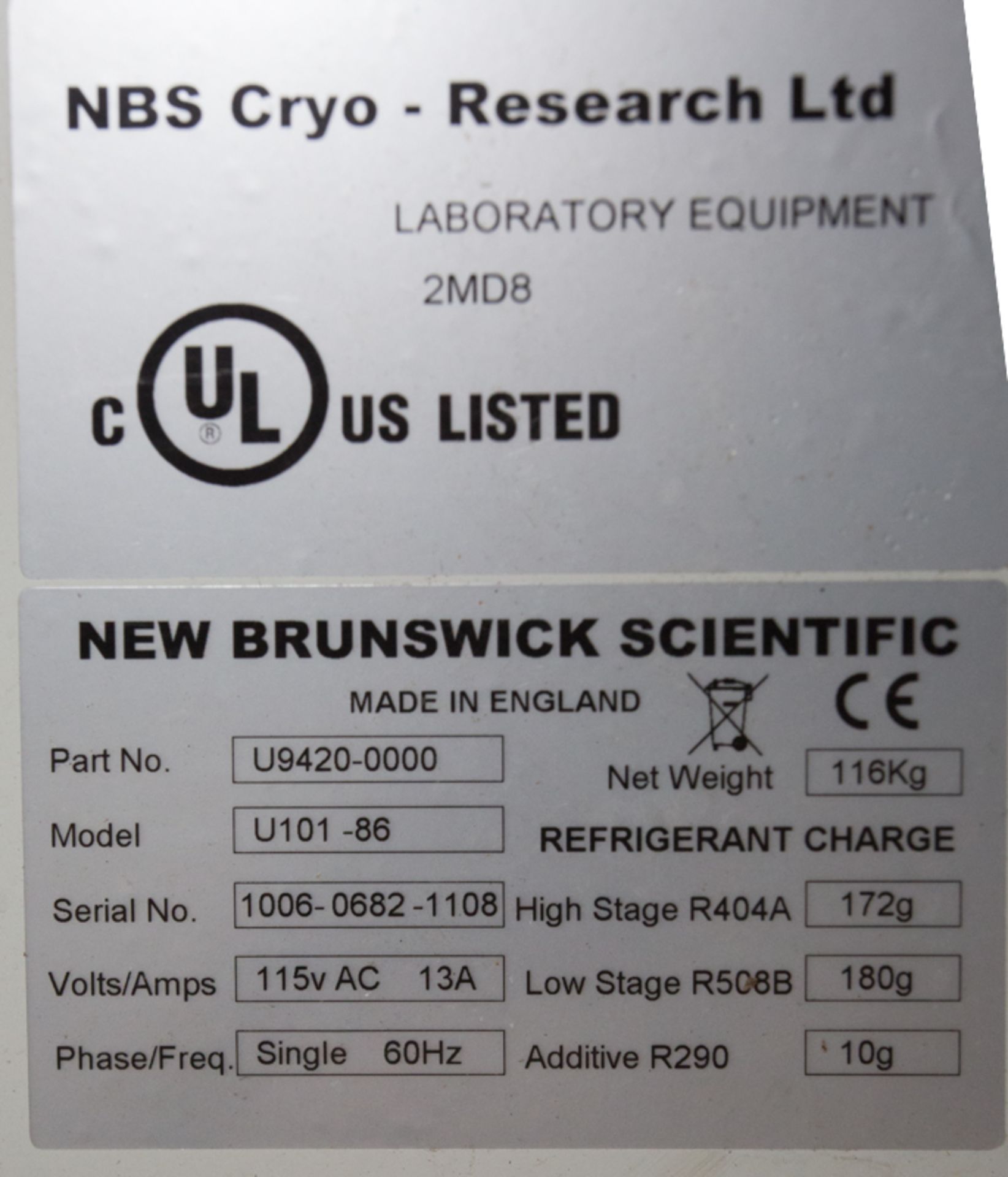 NEW BRUNSWICK SCIENTIFIC ULTRA-LOW TEMPERATURE FREEZER MOD. U101-86, -86 DEG. CELCIUS, 101 LITERS - Image 4 of 4