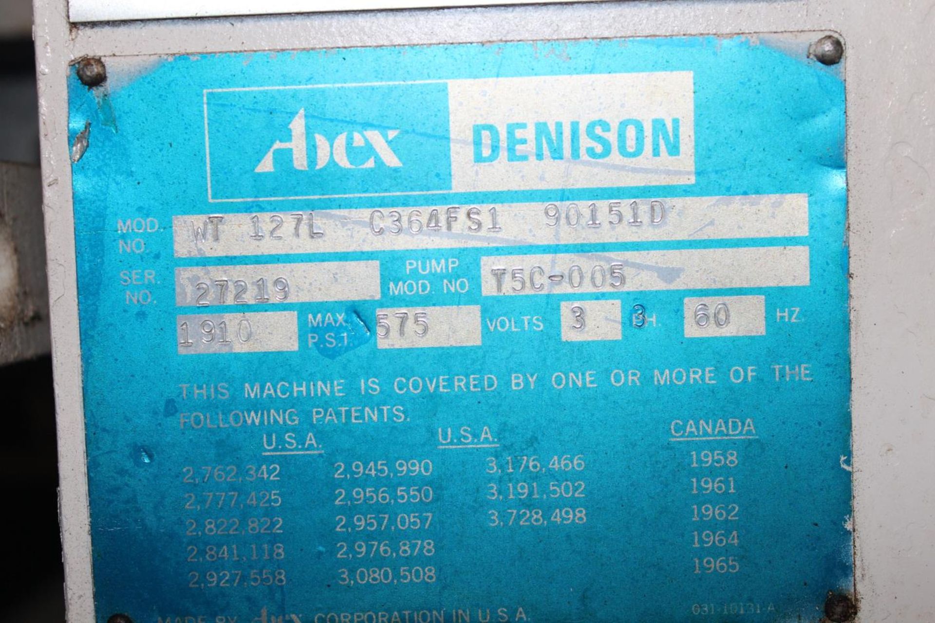 Denison Multipress Mod.WT127L Tag states 575v however the motor tag reads 7.5 Hp, 208-230/460v/3PH - Image 2 of 4