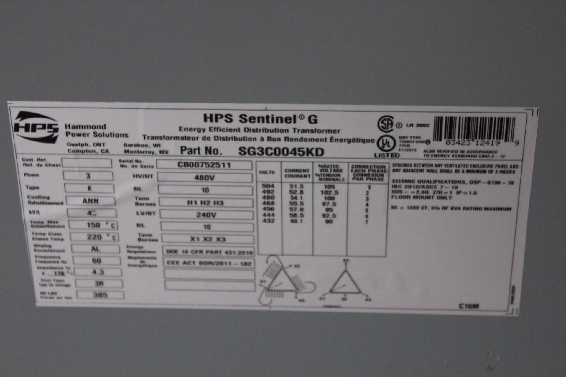 HPS SG3C0045KDTransformer HV480V, LV240V, 45KVA - Image 3 of 3