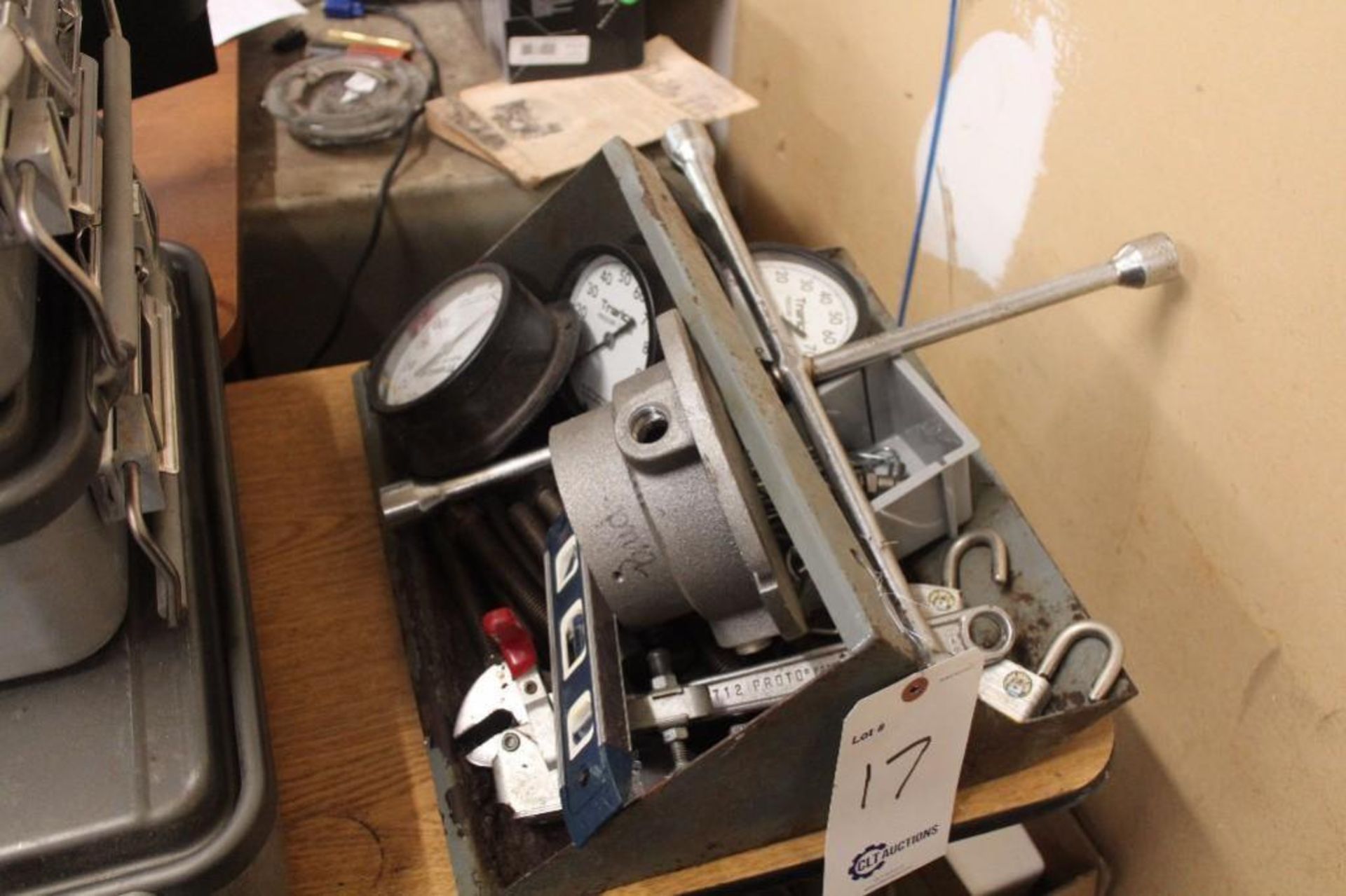 Steel tray with tools and gauges