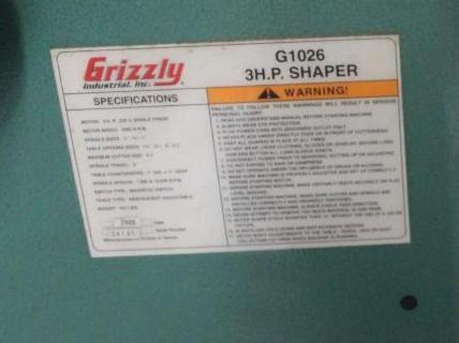 Grizzly G1026 3 hpshaper 3hp/220v/1ph - Image 3 of 8