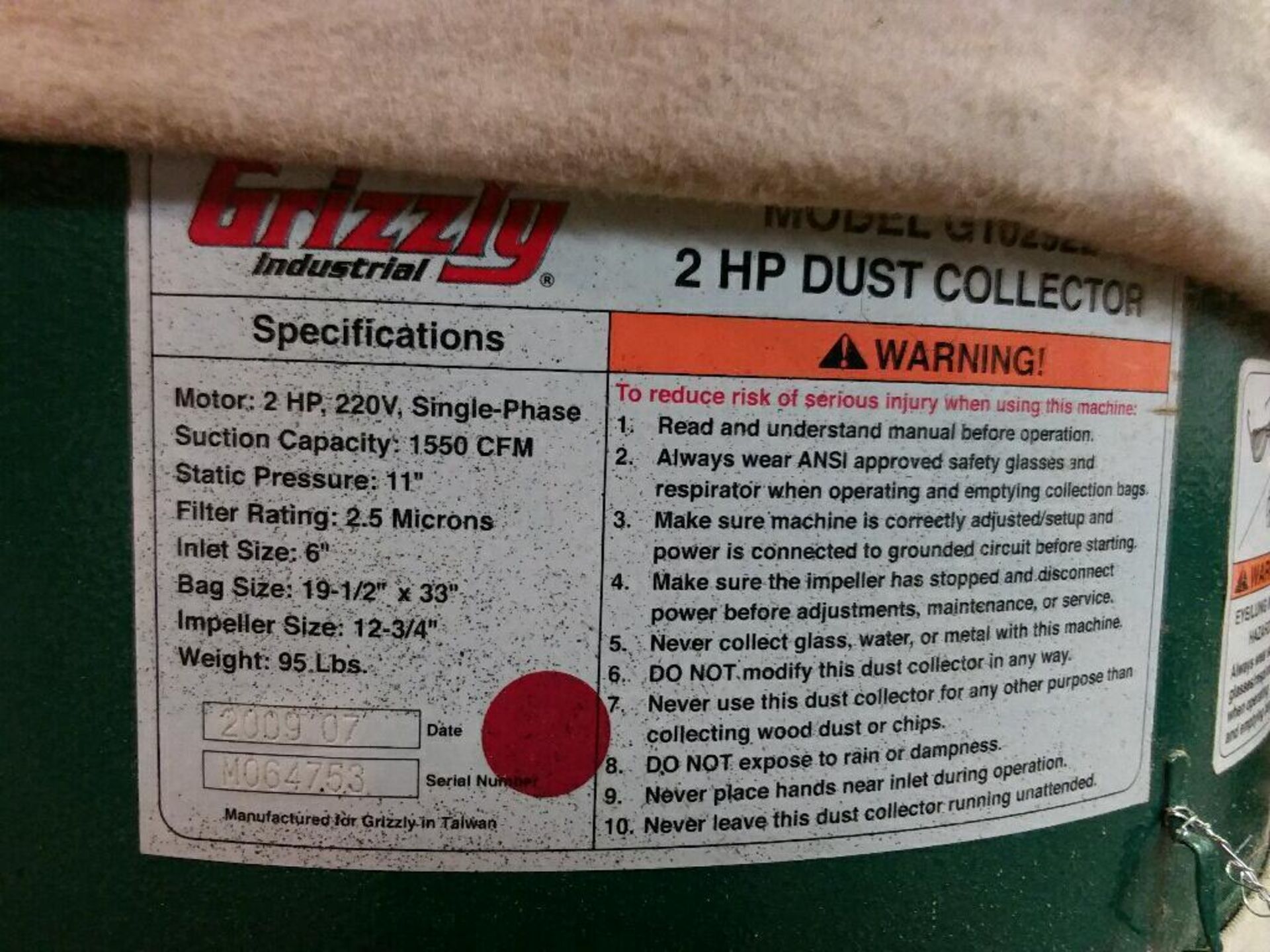 Grizzly 2 horsepower dust collector 220v/1ph - Image 5 of 5