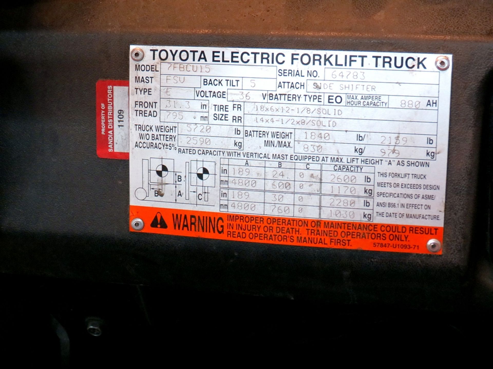 Toyota electric forklift Model 7FBCU15, Side Shift, 2600lb Cap, s/n: 64783Â w/Bassi SR2400 MTL2 - Bild 7 aus 8