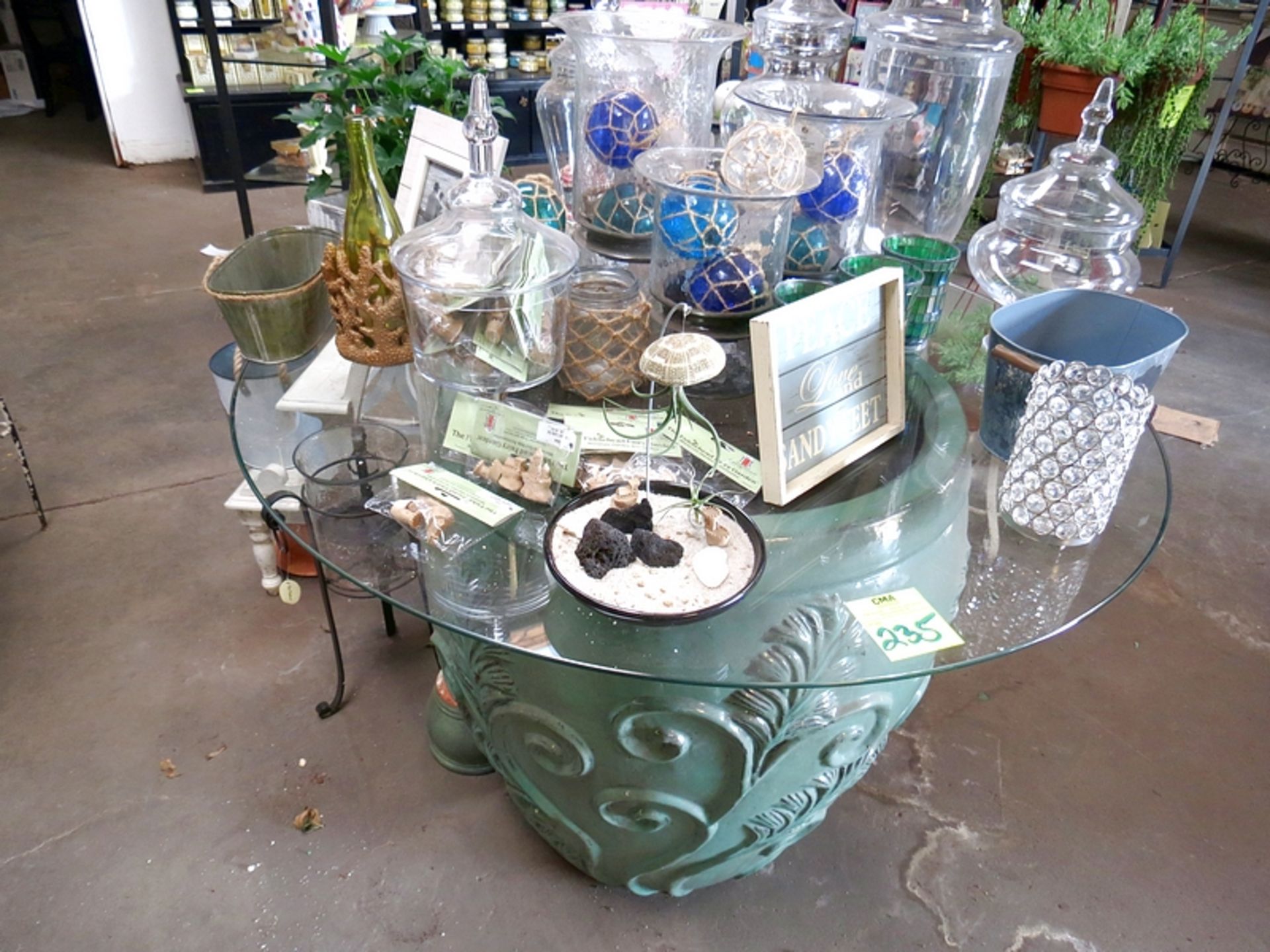 Lot Large Vase, Glass Top, Trinket Boxes, Glass Planters, Wood Plant Shelf