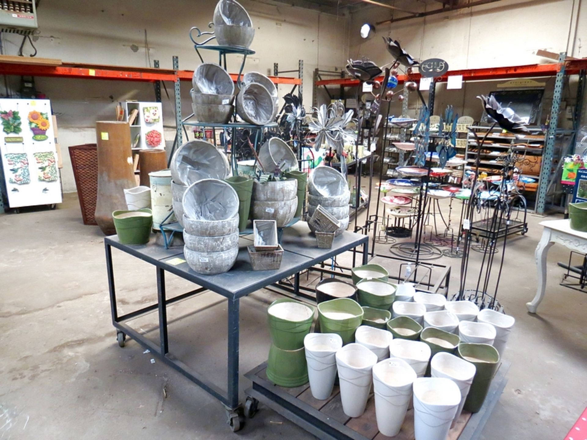 Lot Assorted Cermic, Wood and Metal Planters, Metal 3-Tier Shelf w/Rolling Display Table
