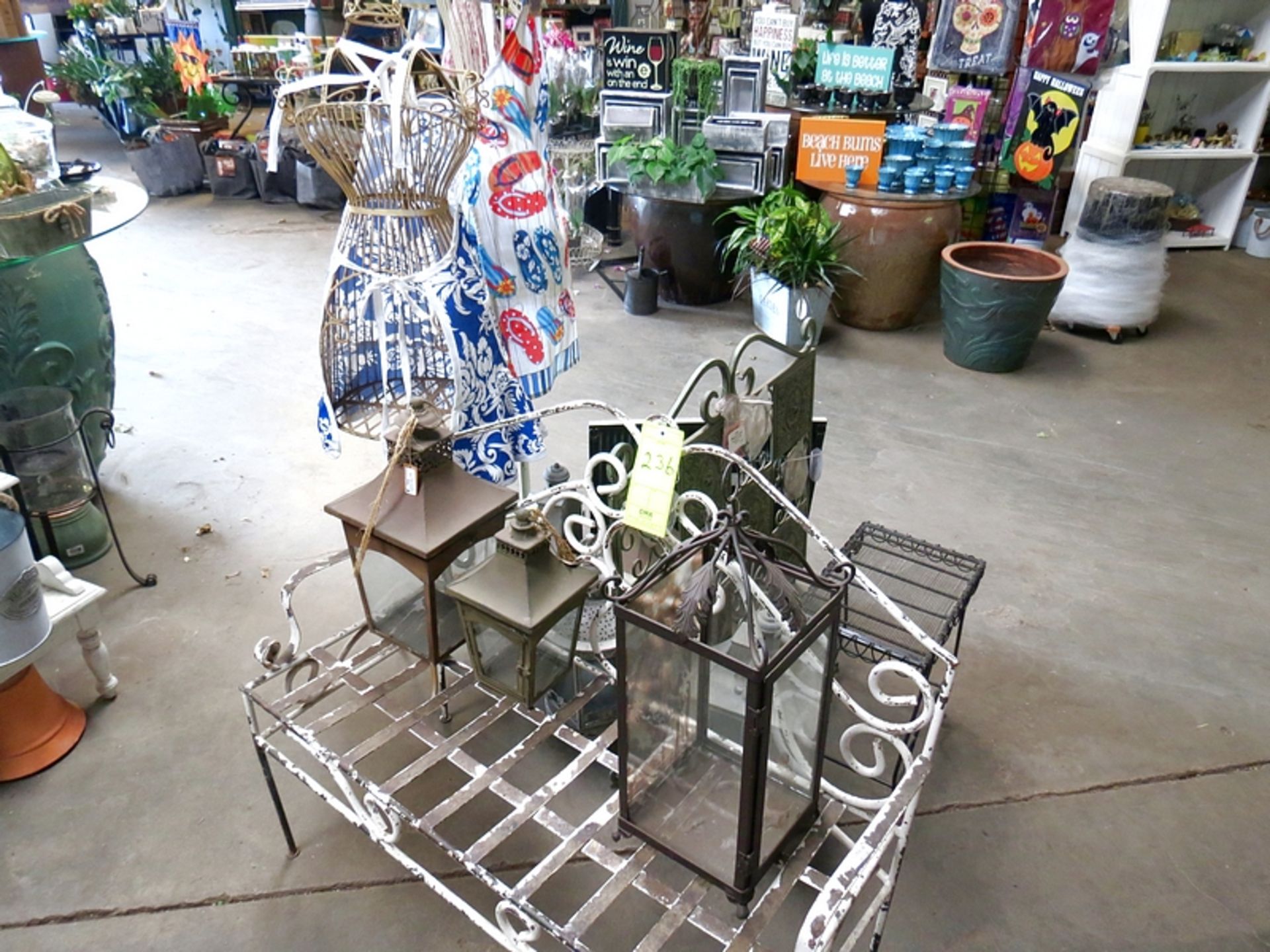 Lot Metal Decor, Metal Bench, Metal Shelf, Assorted Lanterns