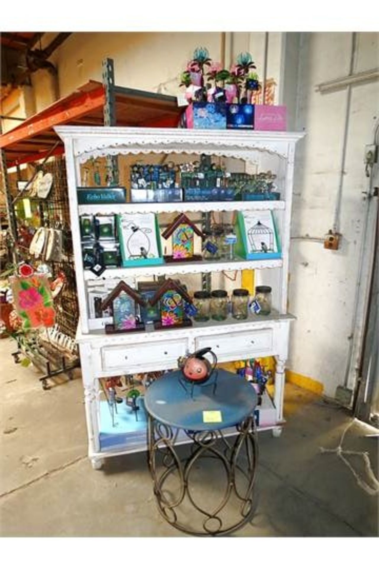 Lot Metal Table, Pot Stickers, Garden Stakes, Fireflies, Assorted, w/White Wood Display