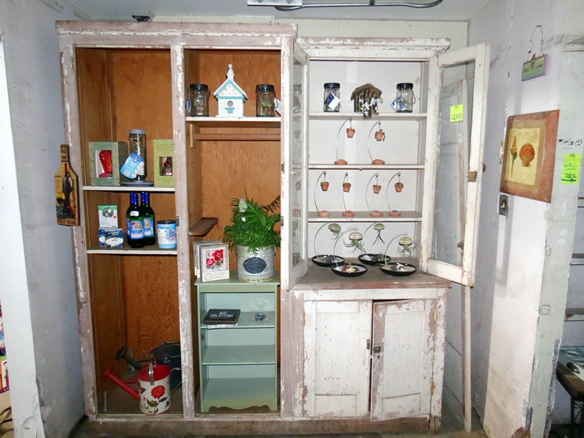 Lot Antique Cabinet, Small Green Bookshelf, Assorted items
