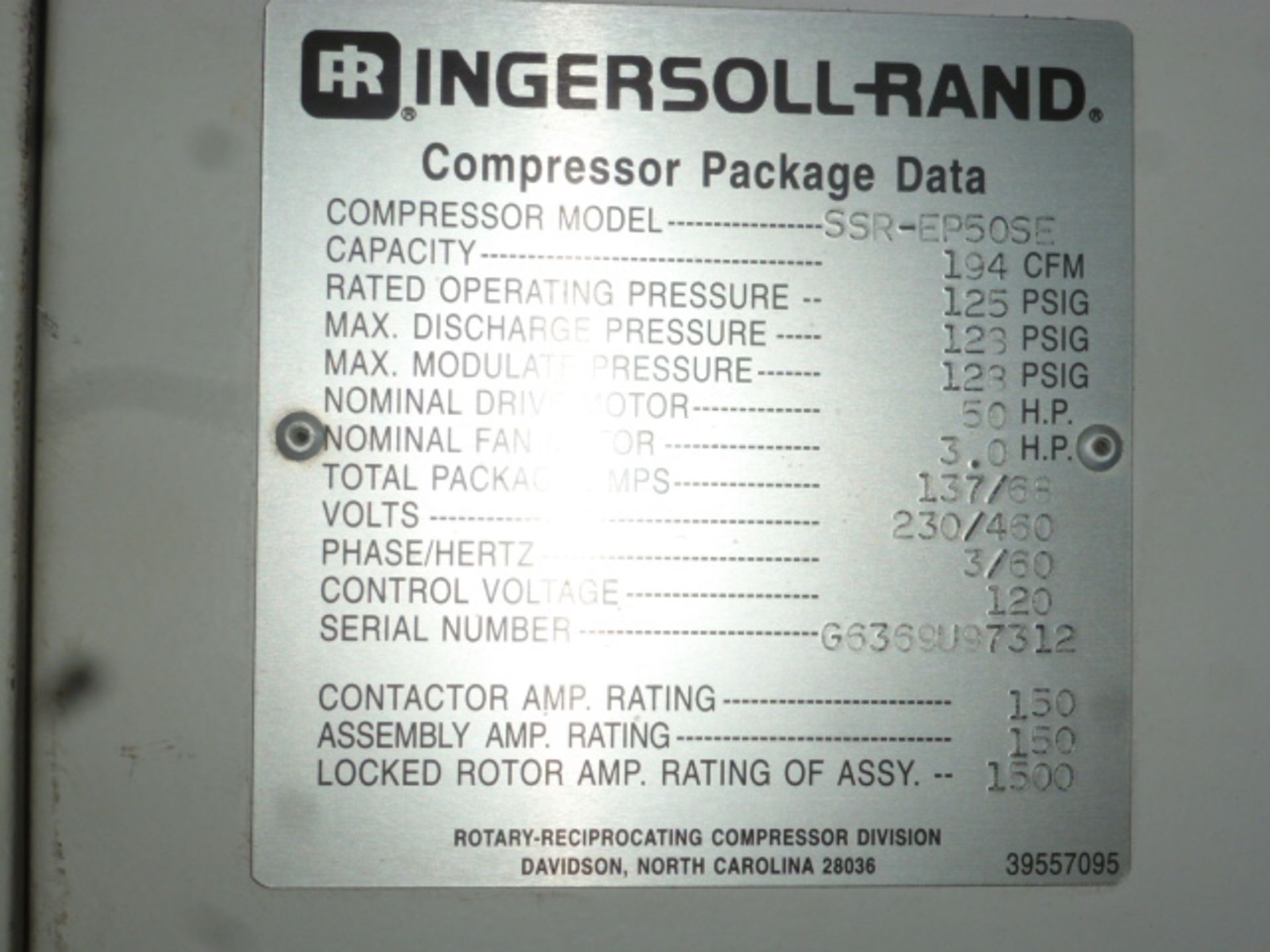 Ingersoll Rand Air Compressor, 125-PSIG, m/n SSR-EP50 SE, s/n G6369U97312 - Image 5 of 7