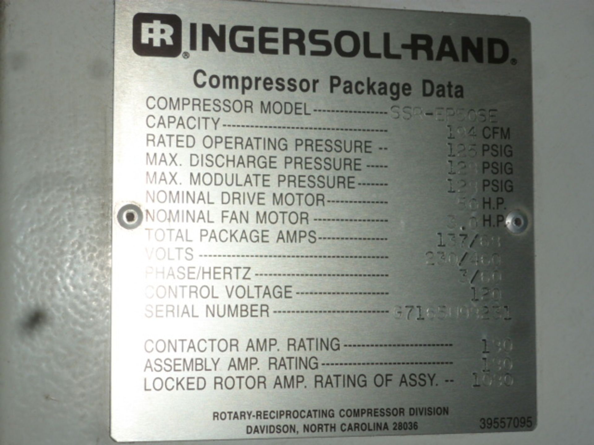 Ingersoll Rand Air Compressor, 125-PSIG, m/n SSR-EP50-SE, s/n G7165U98231 - Image 4 of 4