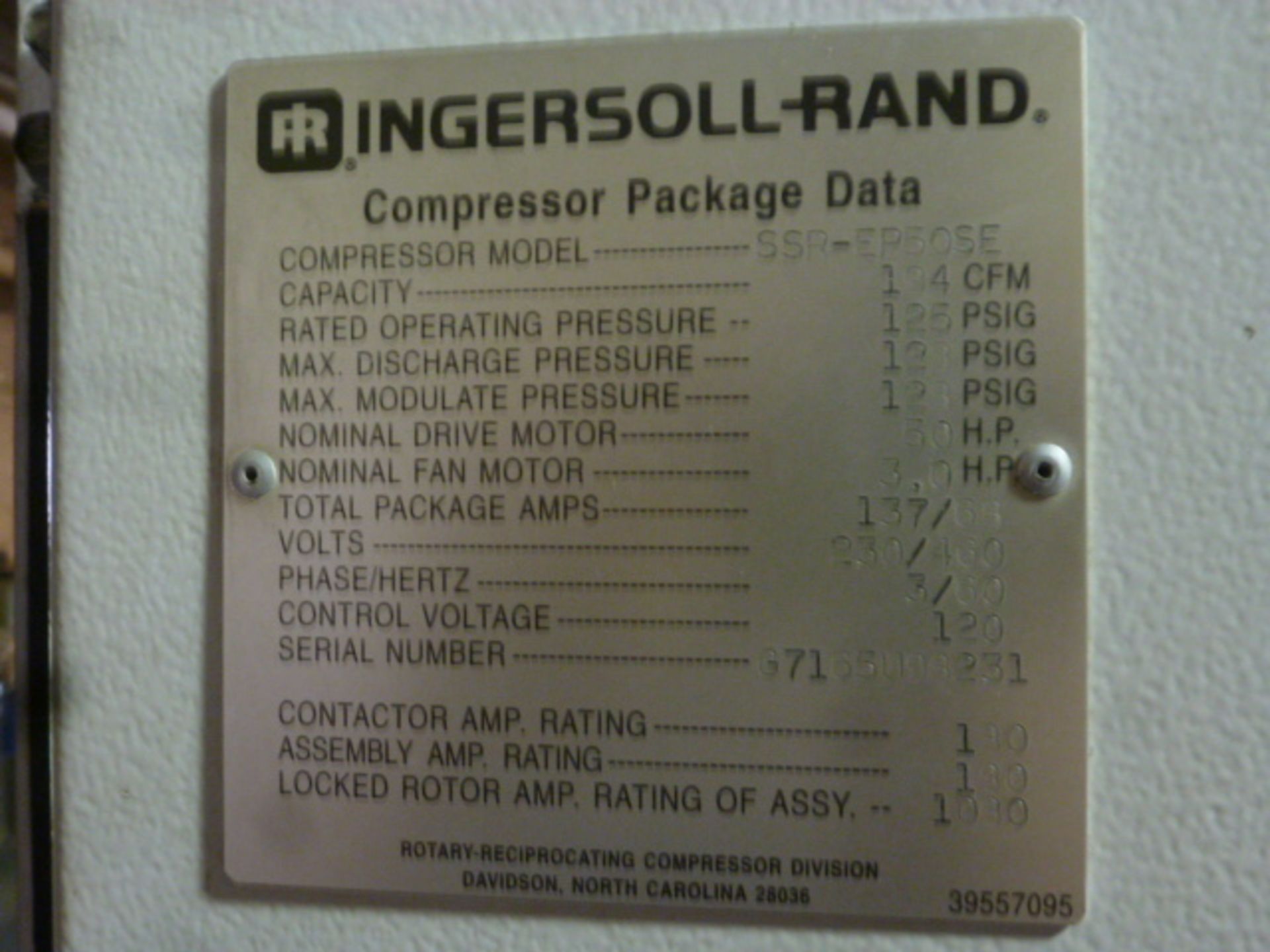 Ingersoll Rand Air Compressor, 125-PSIG, m/n SSR-EP50-SE, s/n G7165U98231 - Image 3 of 4