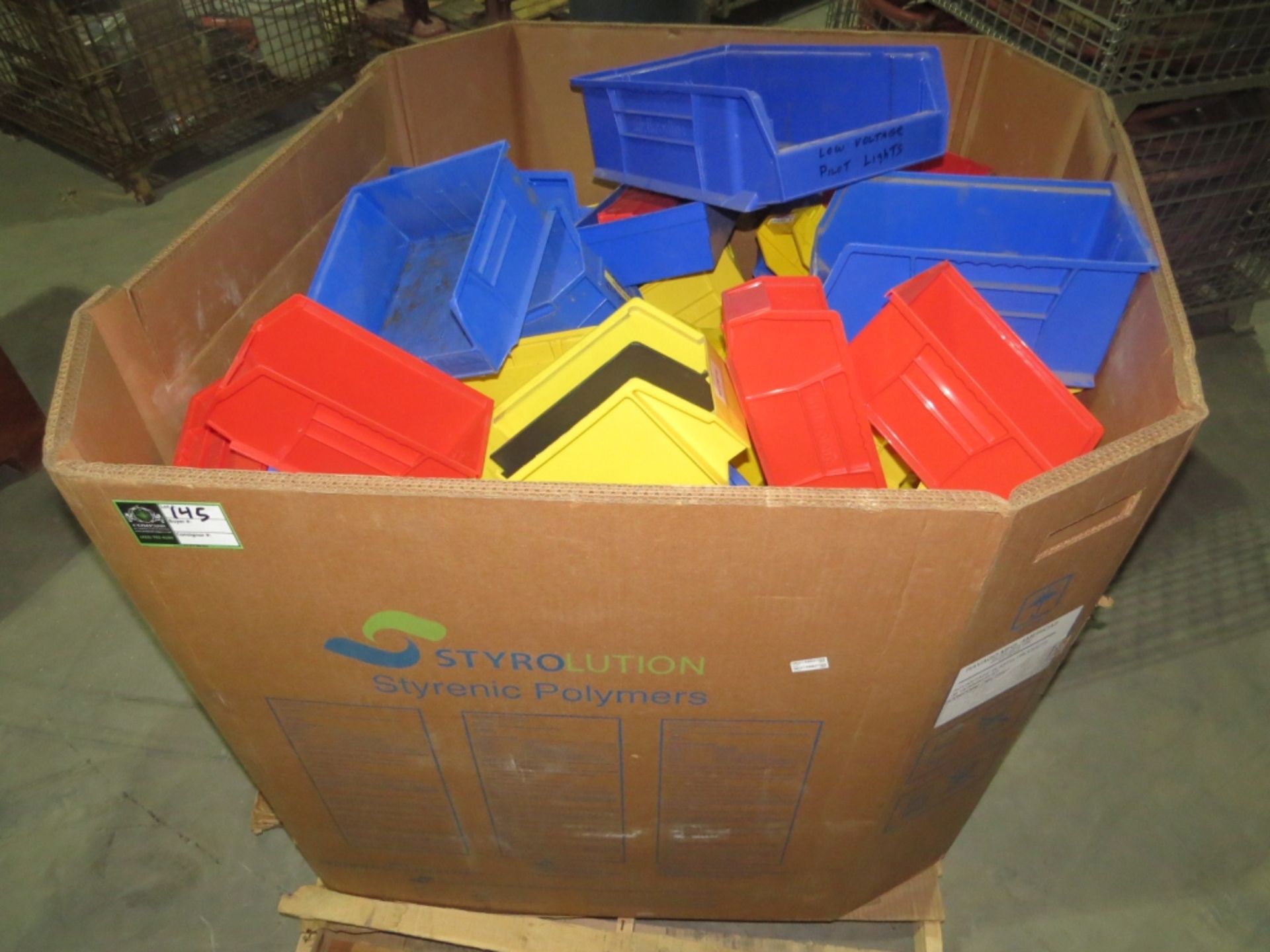 (Approx qty - 50) Storage Bins- Bin Sizes Range From - 3" x 1' to 1' x 20" Box Size - 45" x 45" x