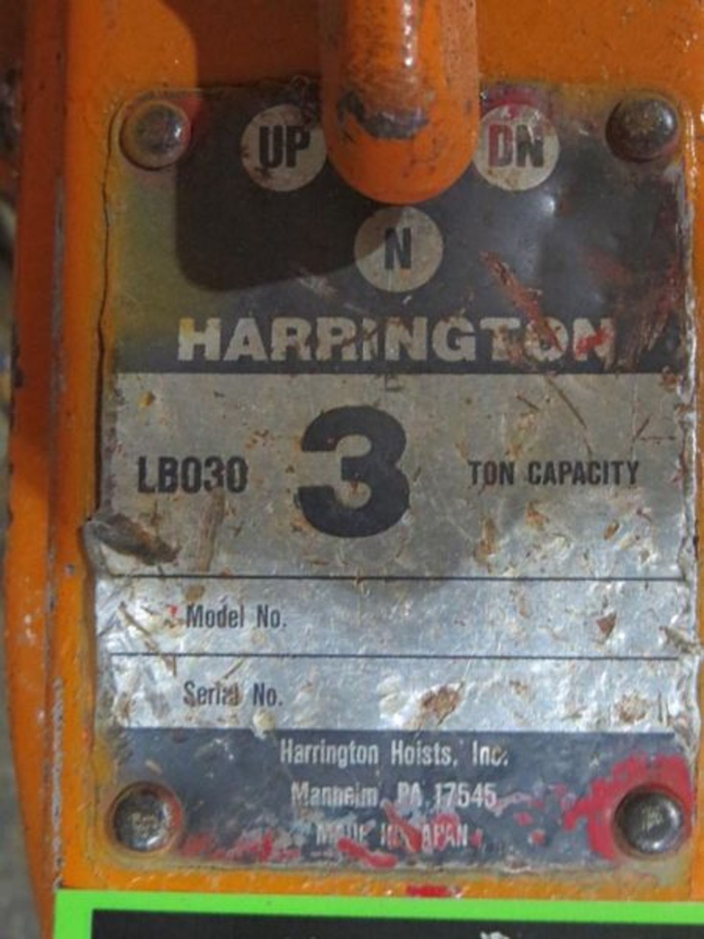 Harrington Lever Chain Hoist- MFR - Harrington 3 Ton - Image 3 of 3