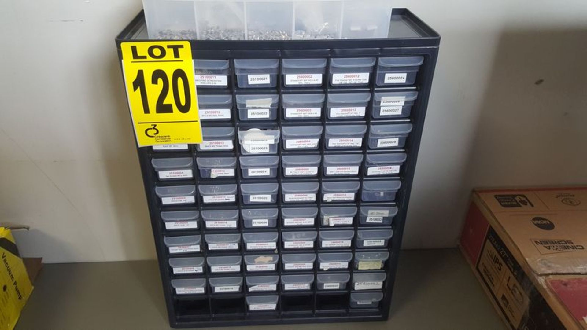 60-drawer upright storage w/ assorted screws, nuts, bolts and fittings