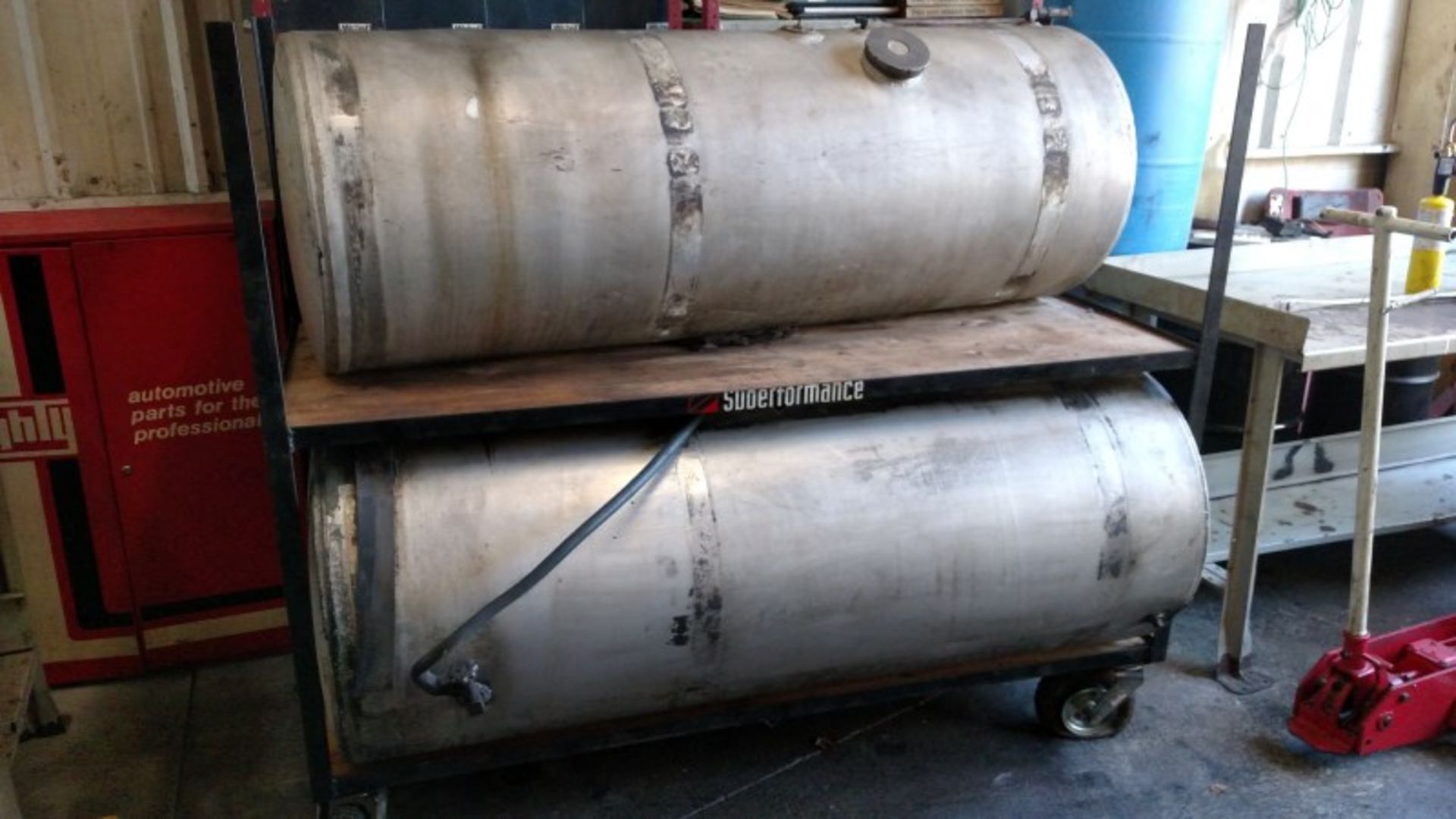 (2) Metal Storage Tanks on Roll-Around Cart (Selling as 1 Lot)