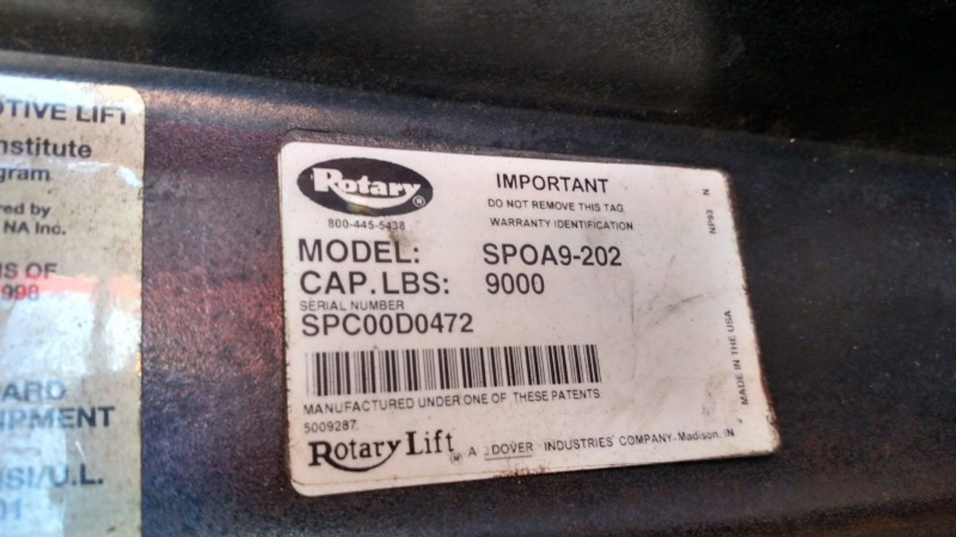 Rotary SPOA9-202 / 9,000 Lb. 2-Post Surface-Mount Lift (Model Year: 2000), Extended Height (14' - Image 2 of 6