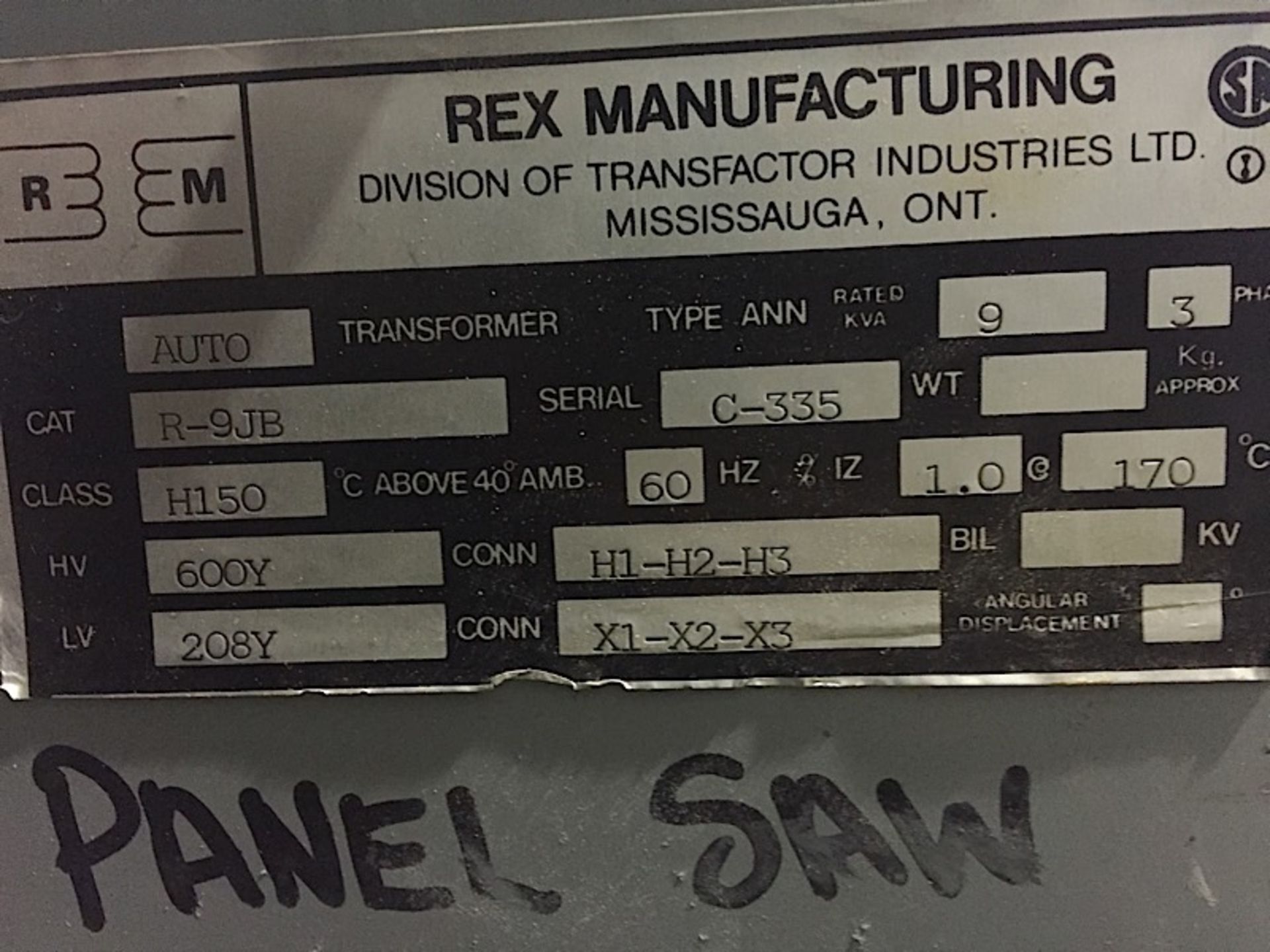 REX 9 KVA TRANSFORMER (600/208) - Image 2 of 2