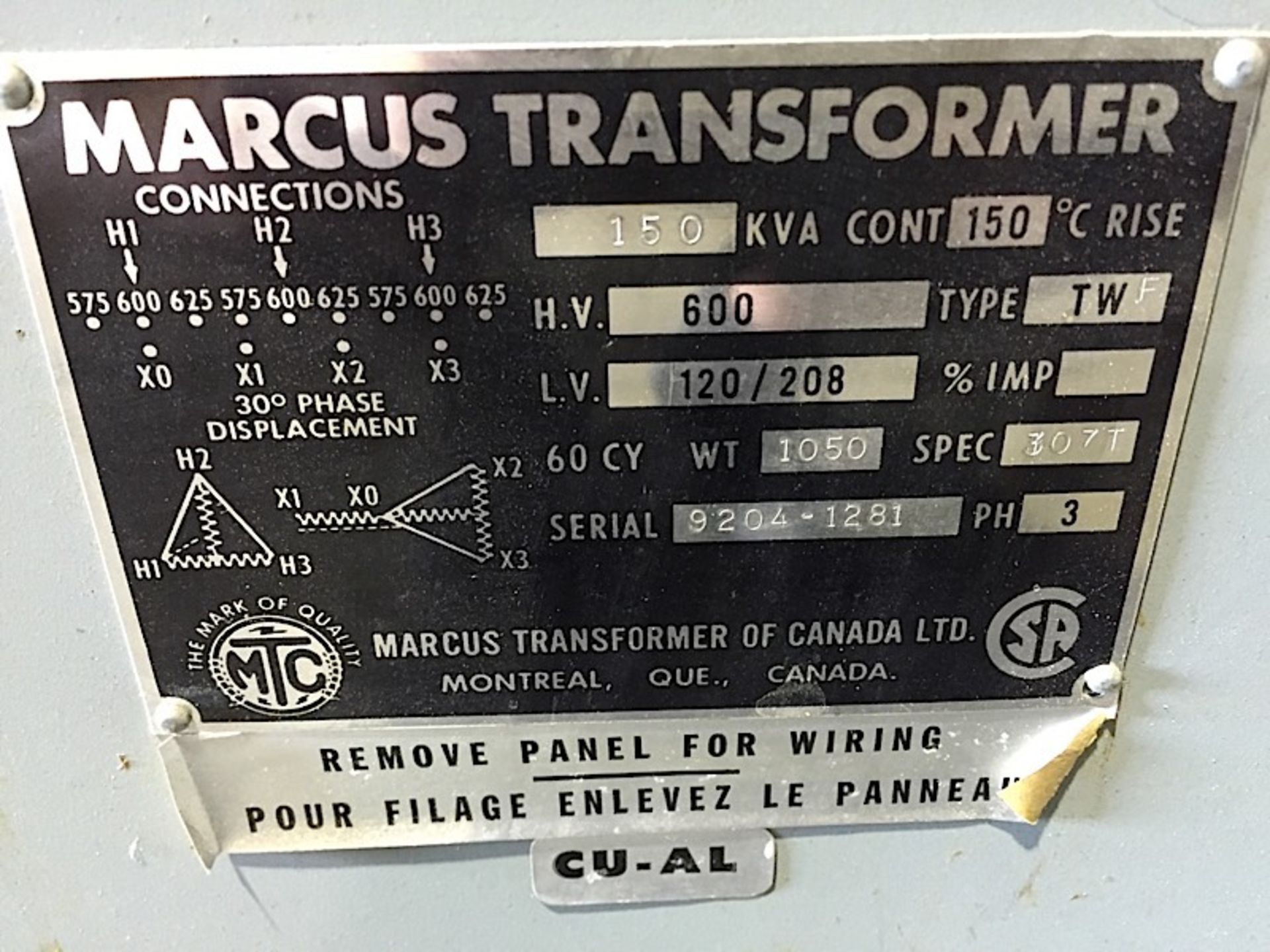 MARCUS 150 KVA TRANSFORMER (H.V 600 V / L.V 120/208) - Image 2 of 2