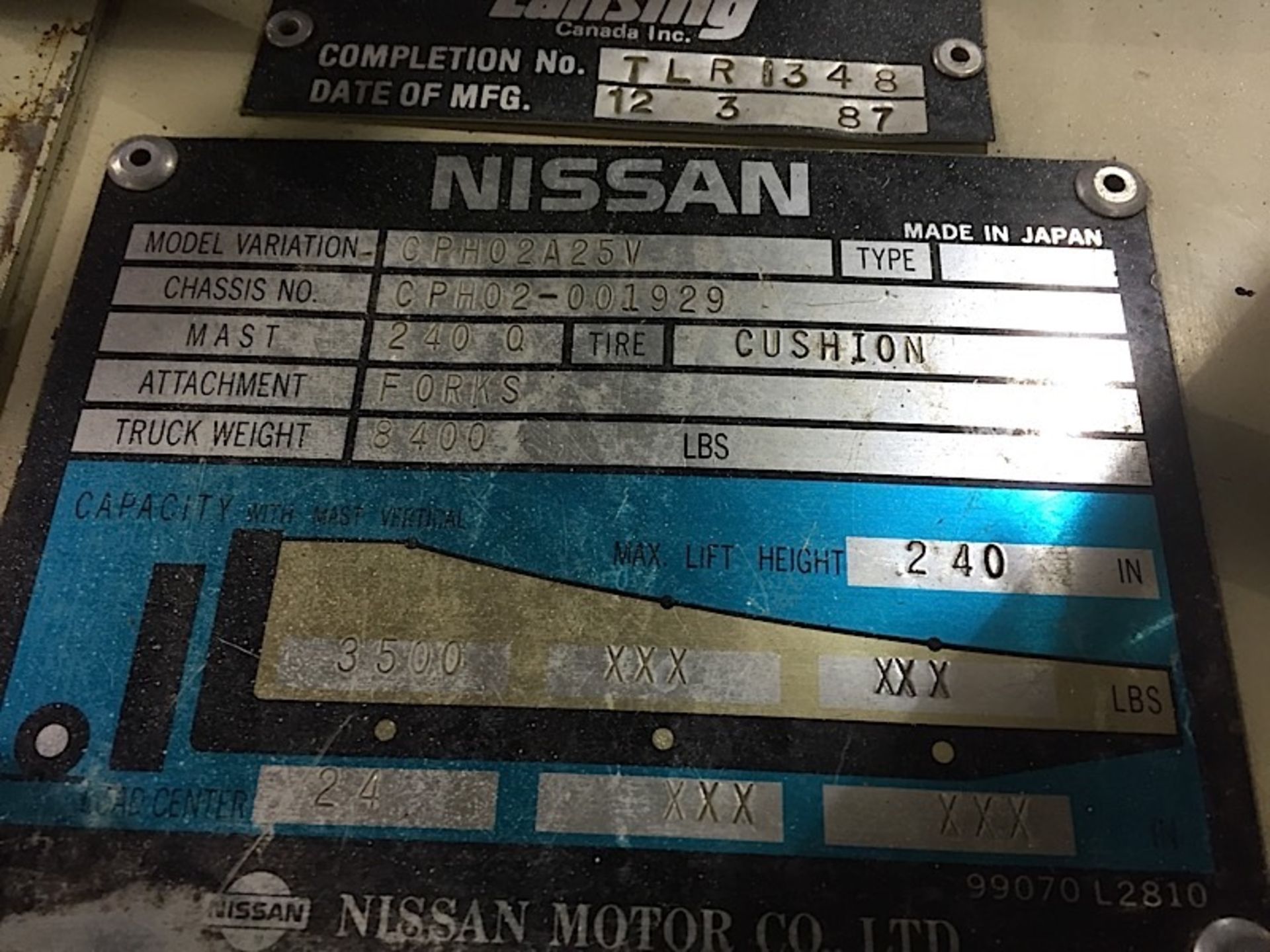 NISSAN (CPH02A25V) 3-STAGE, 5,000LBS. Cap. LPG FORKLIFT - Image 2 of 2